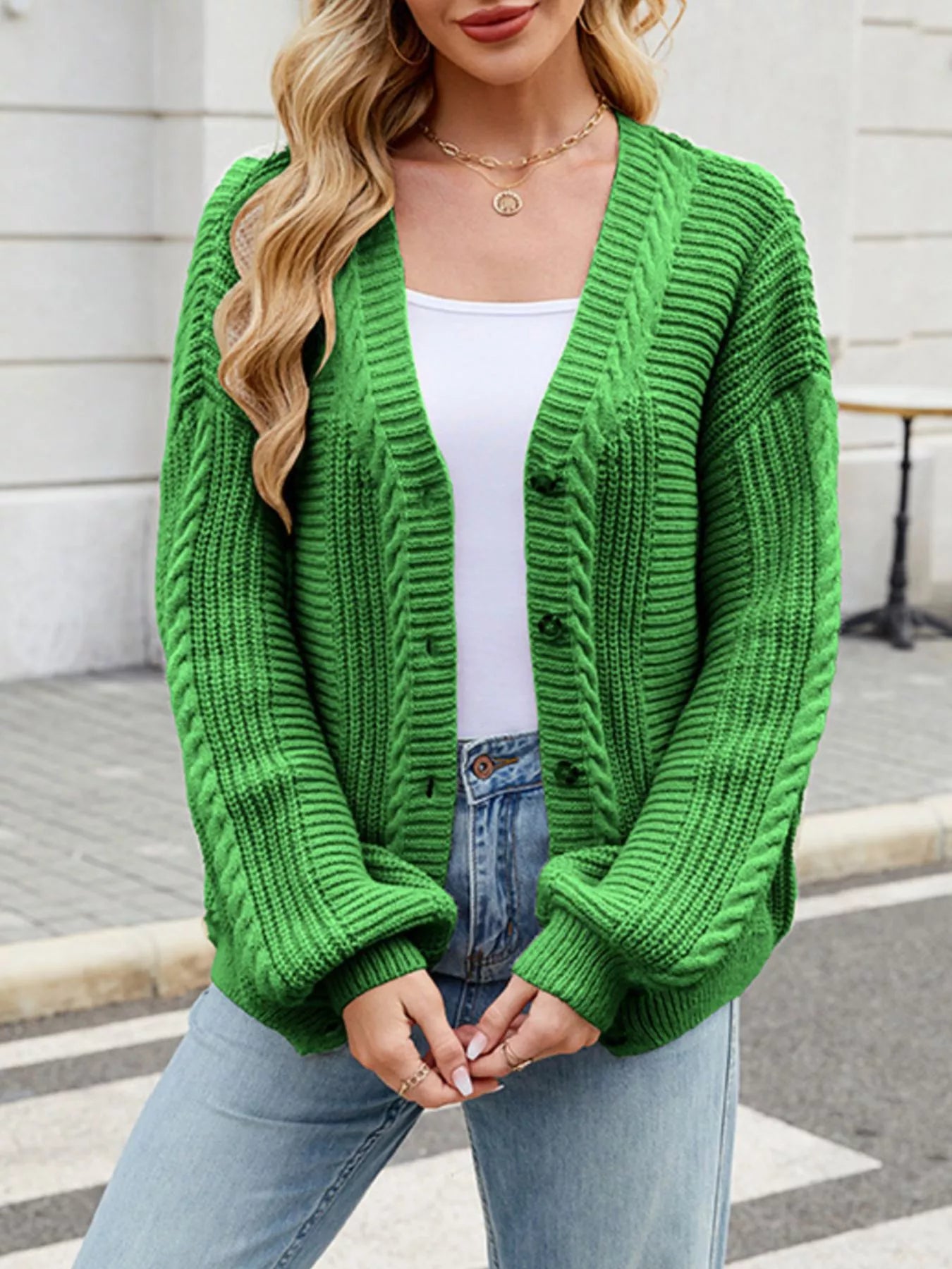 Trendsi Cable Knit Button-Up Cardigan -
