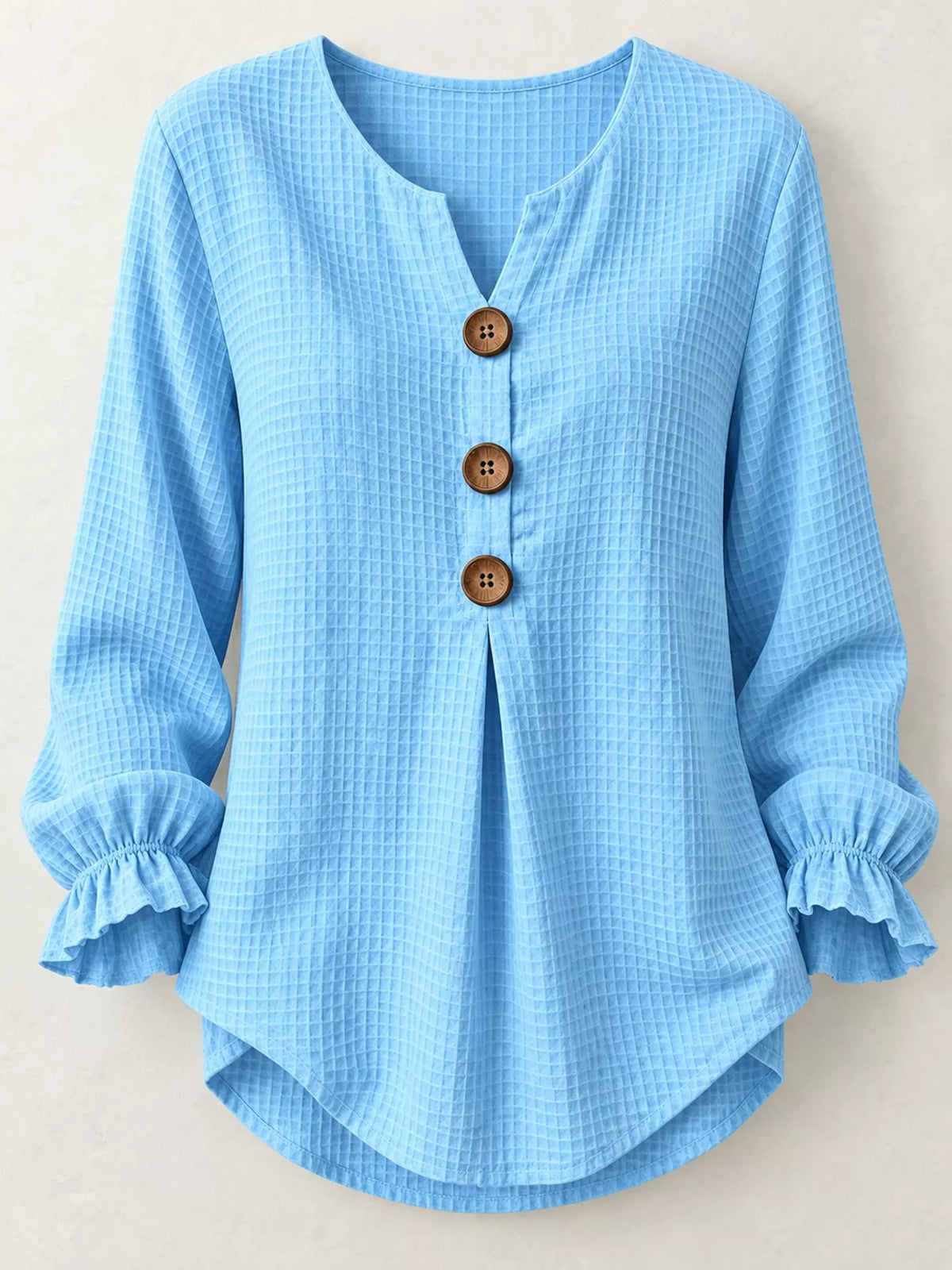Women's Waffle Knit Flounce Sleeve Blouse in light blue — flat lay view