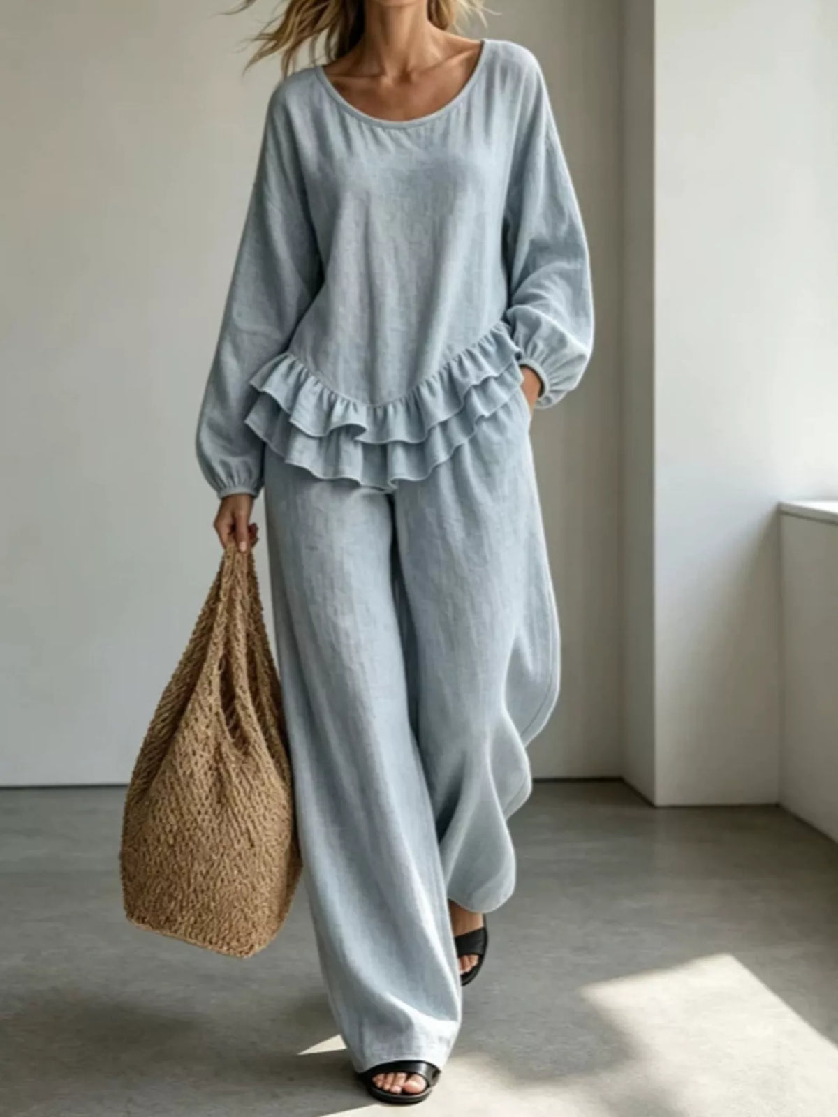 Ruffled Hem Long Sleeve Top and Pants Set — front view