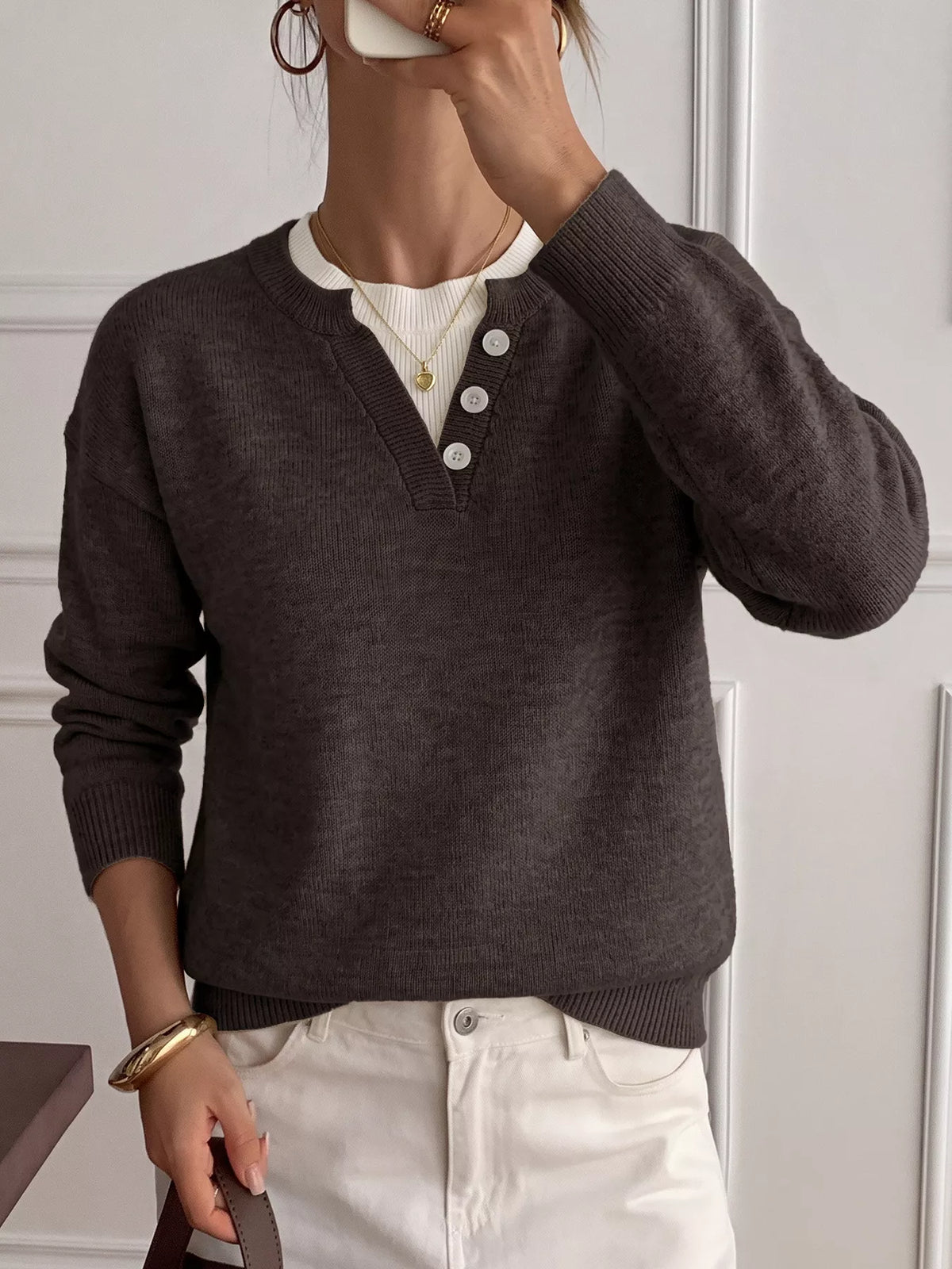 Trendsi Decor Button-Placket Ribbed Knit Sweater -