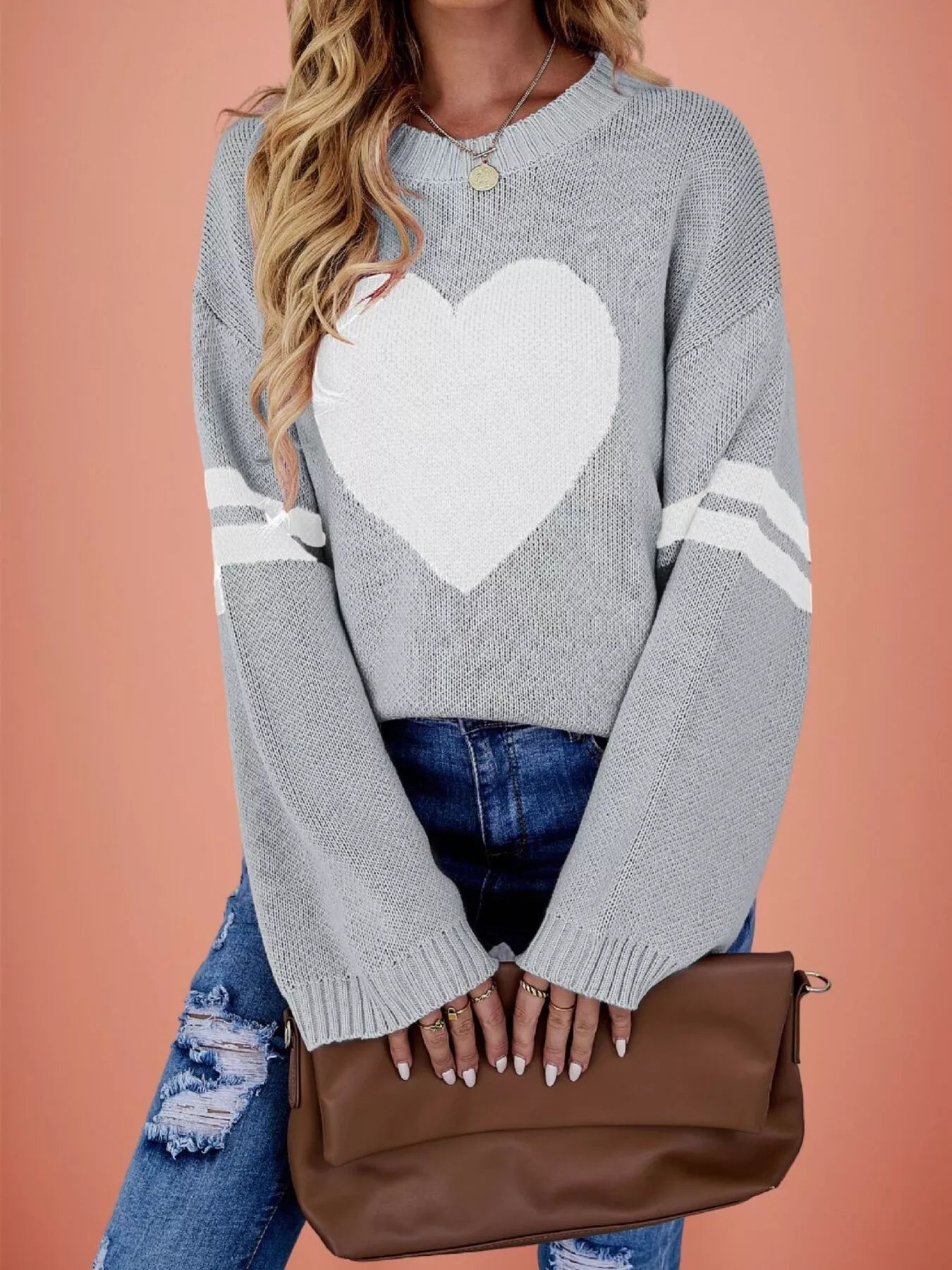 Trendsi Heart Pattern Dropped Shoulder Sweater -