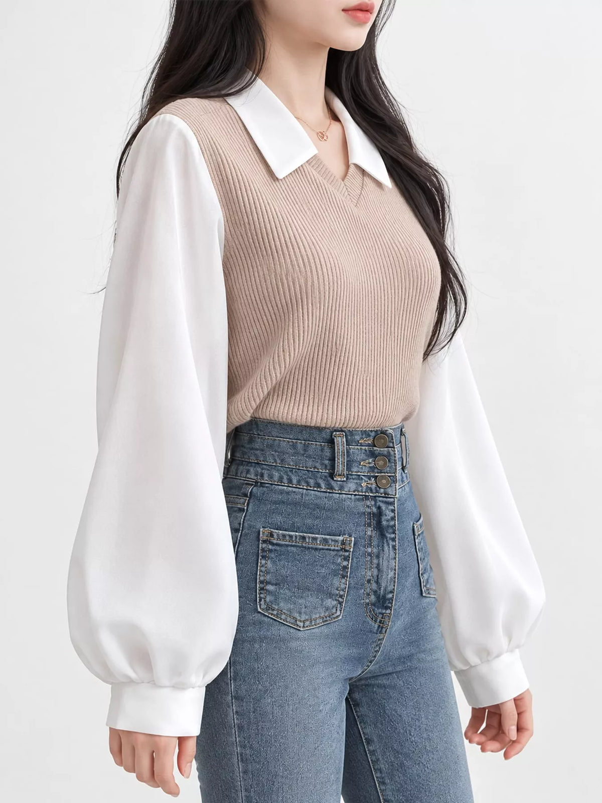 Layered blouse, taupe and white side