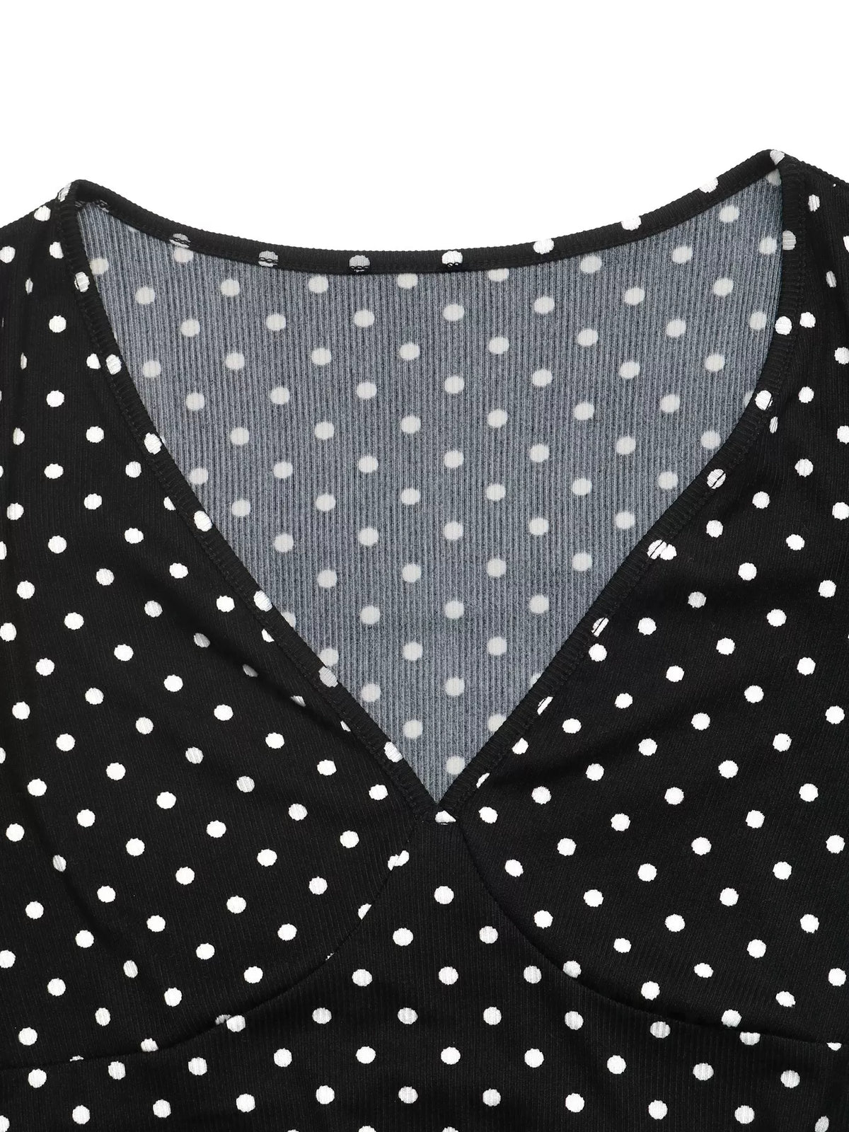 Black polka dot flounce sleeve mini dress, V-neckline detail