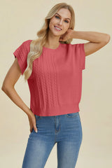 Trendsi Double Take Full Size Cable-Knit Round Neck Short Sleeve Sweater -