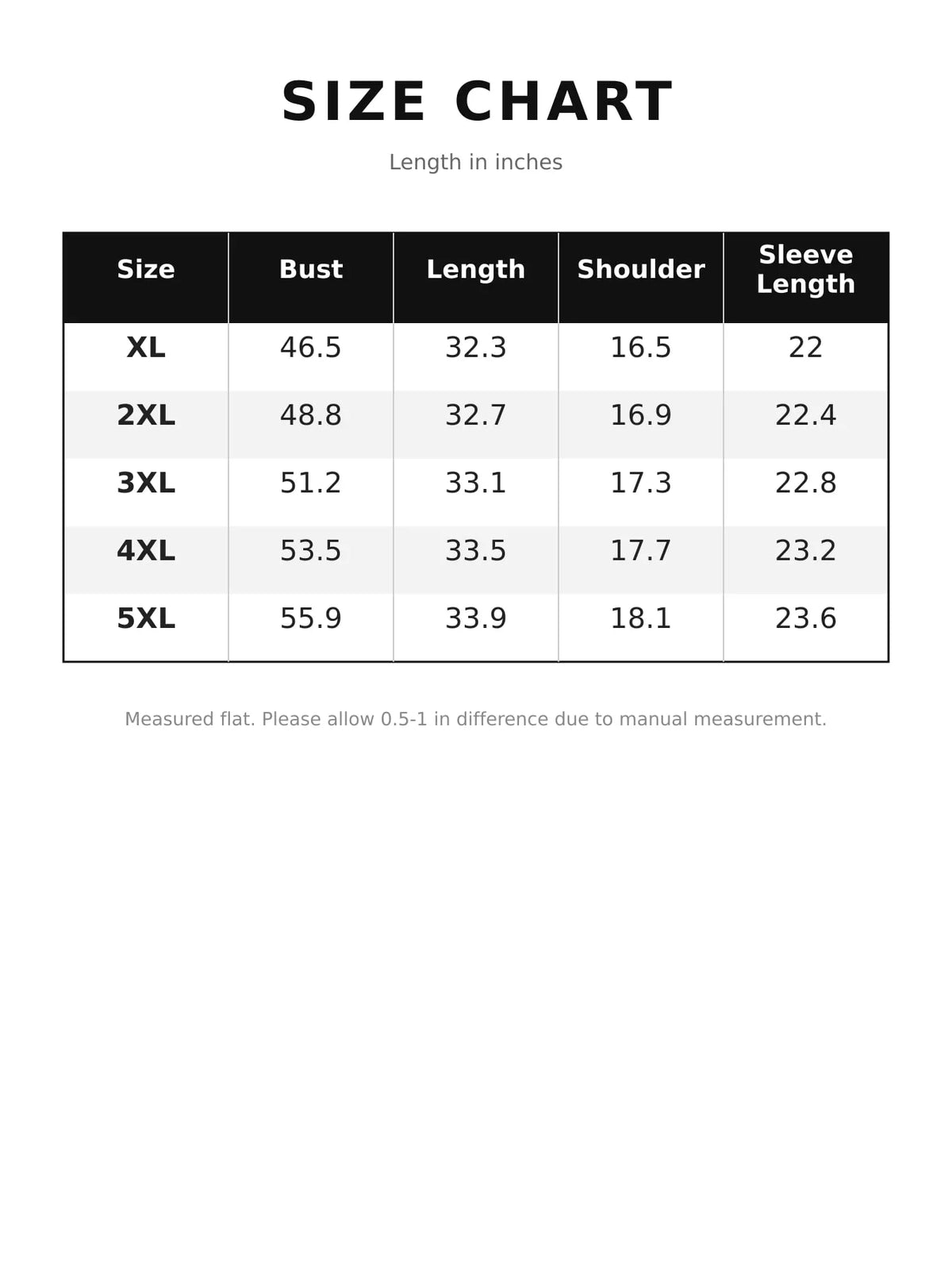 V-neck long sleeve t-shirt, size and measurement chart
