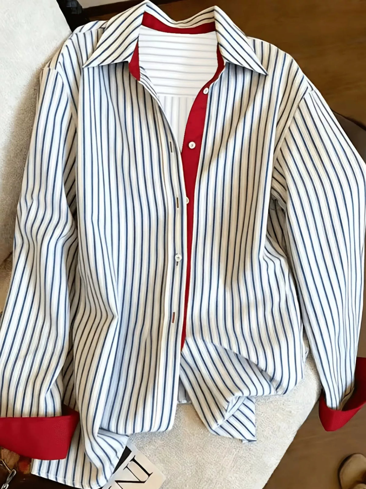 Contrast Trim Striped Long Sleeve Shirt in red-trimmed stripes