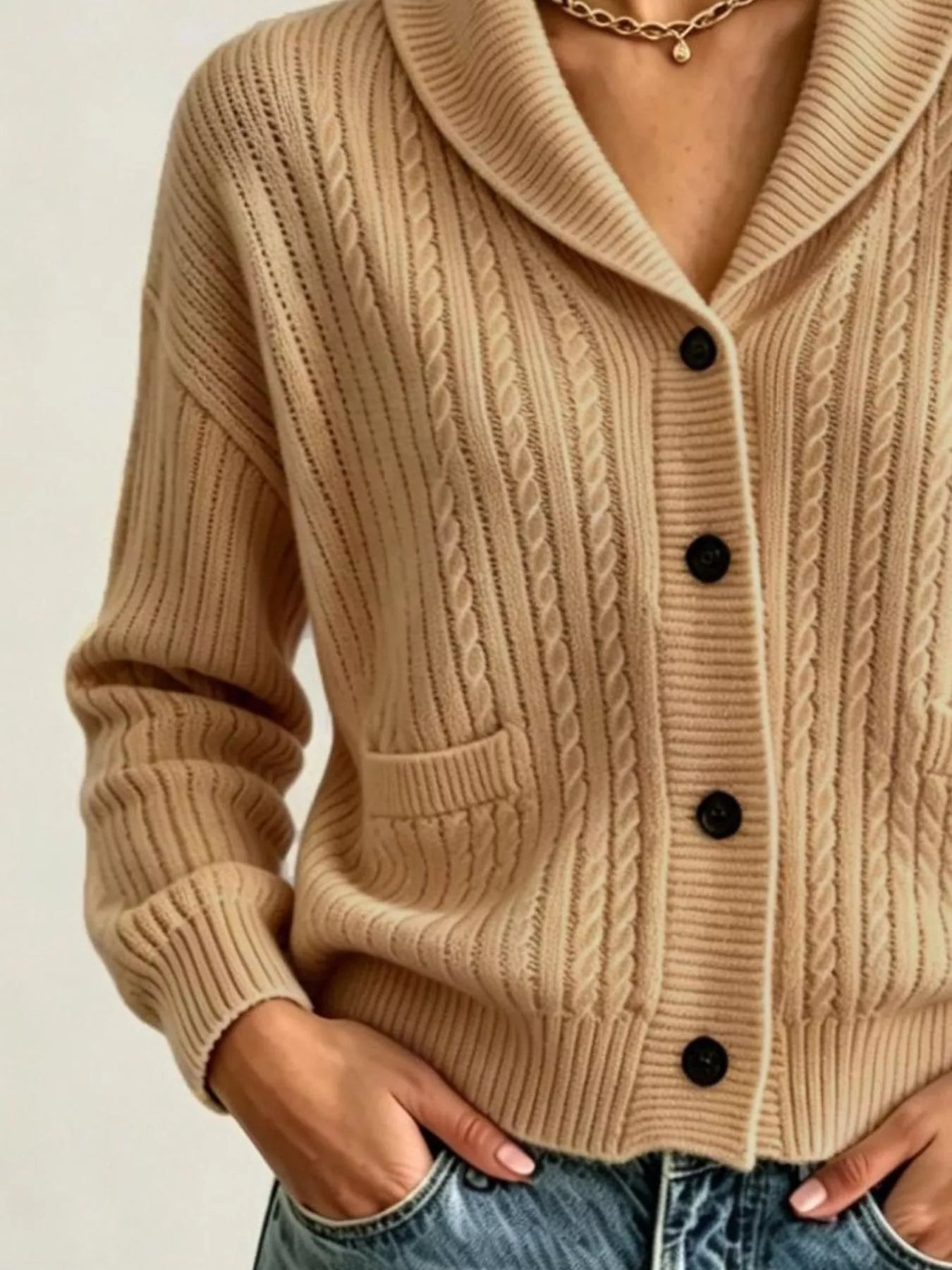 Trendsi Full Size Shawl Collar Cable Knit Cardigan Plus Size -