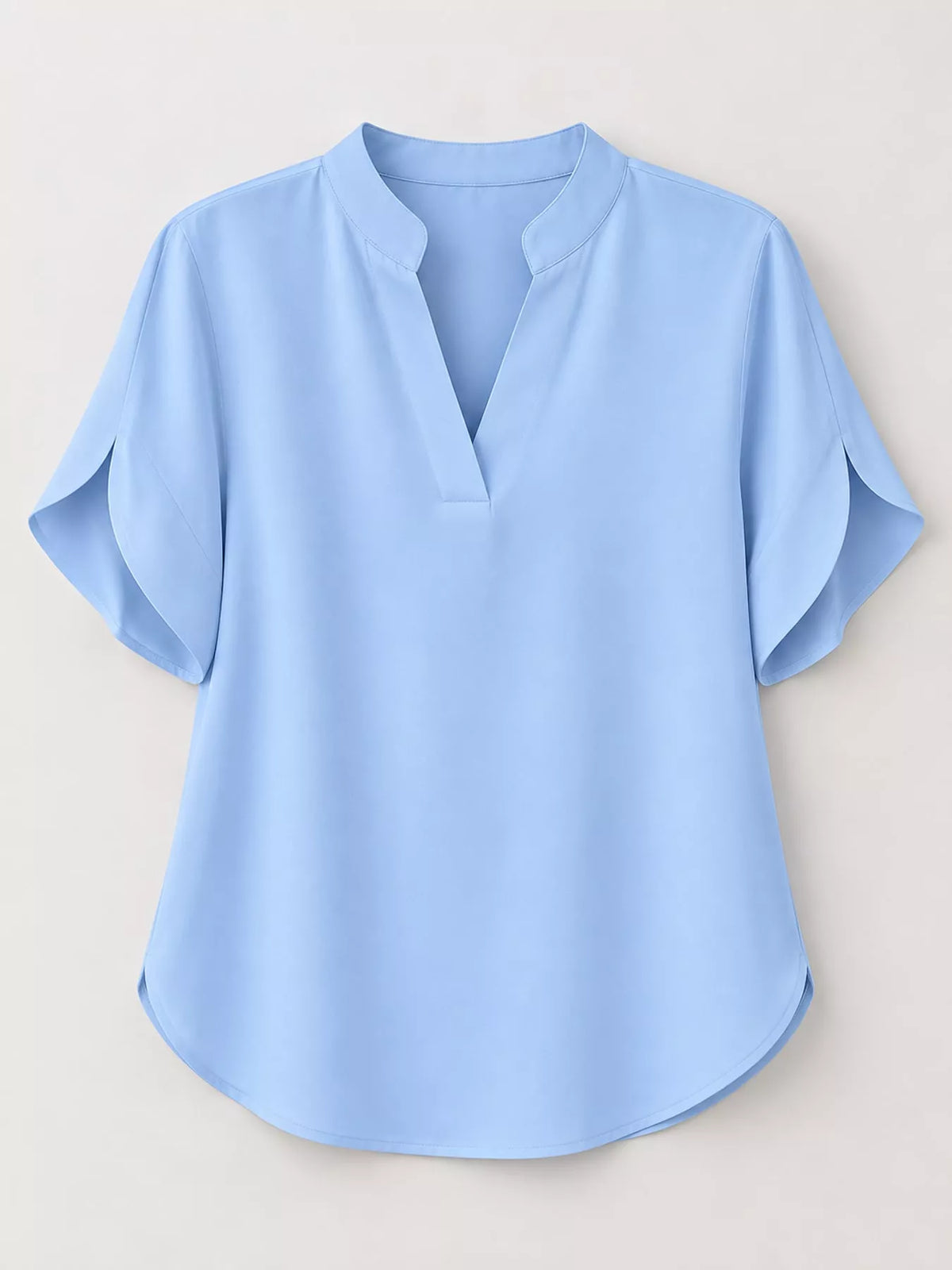 Women's Notched Slit Short Sleeve Blouse in light blue — flat lay view