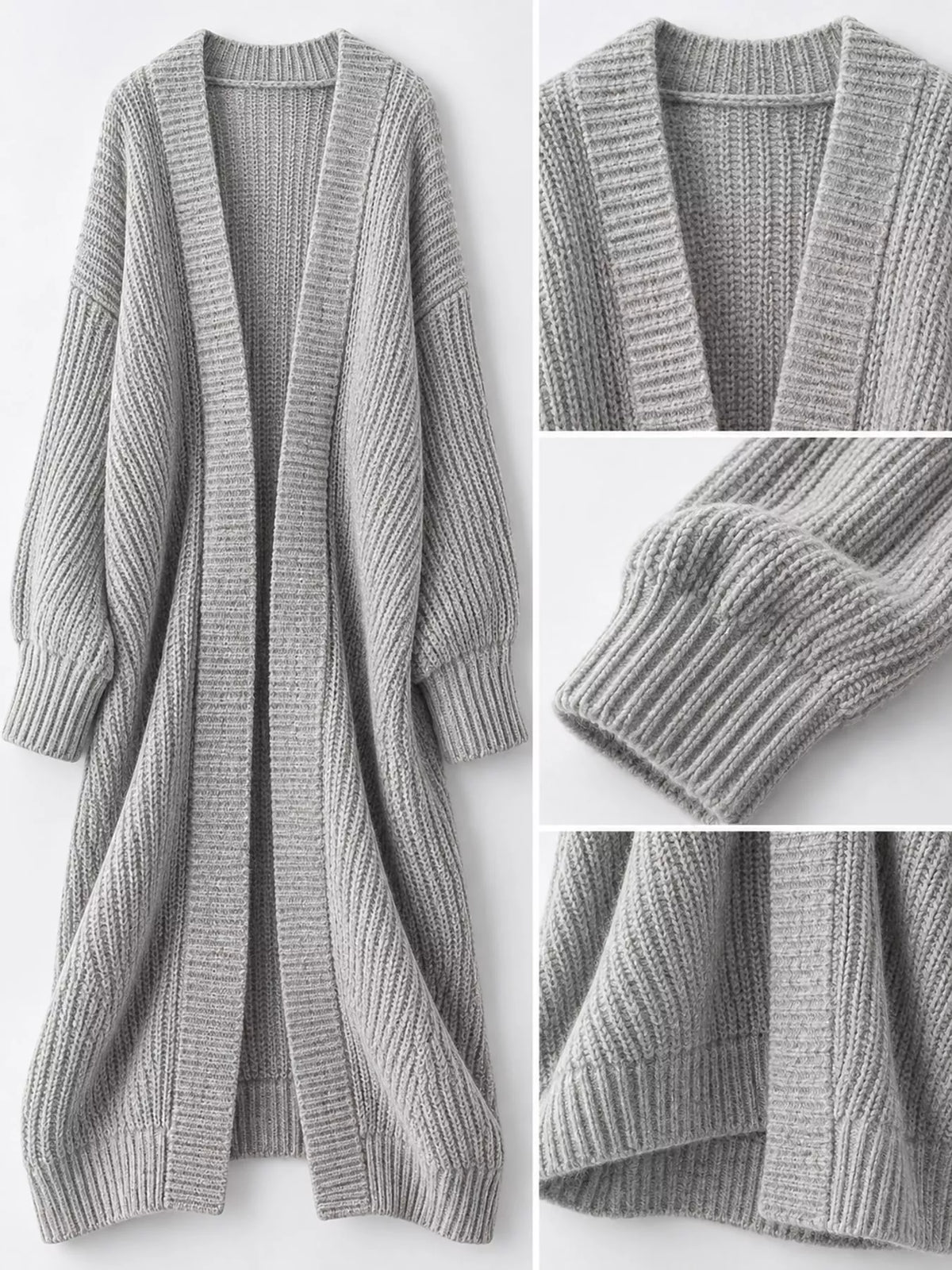 Longline knit cardigan, light gray detail collage