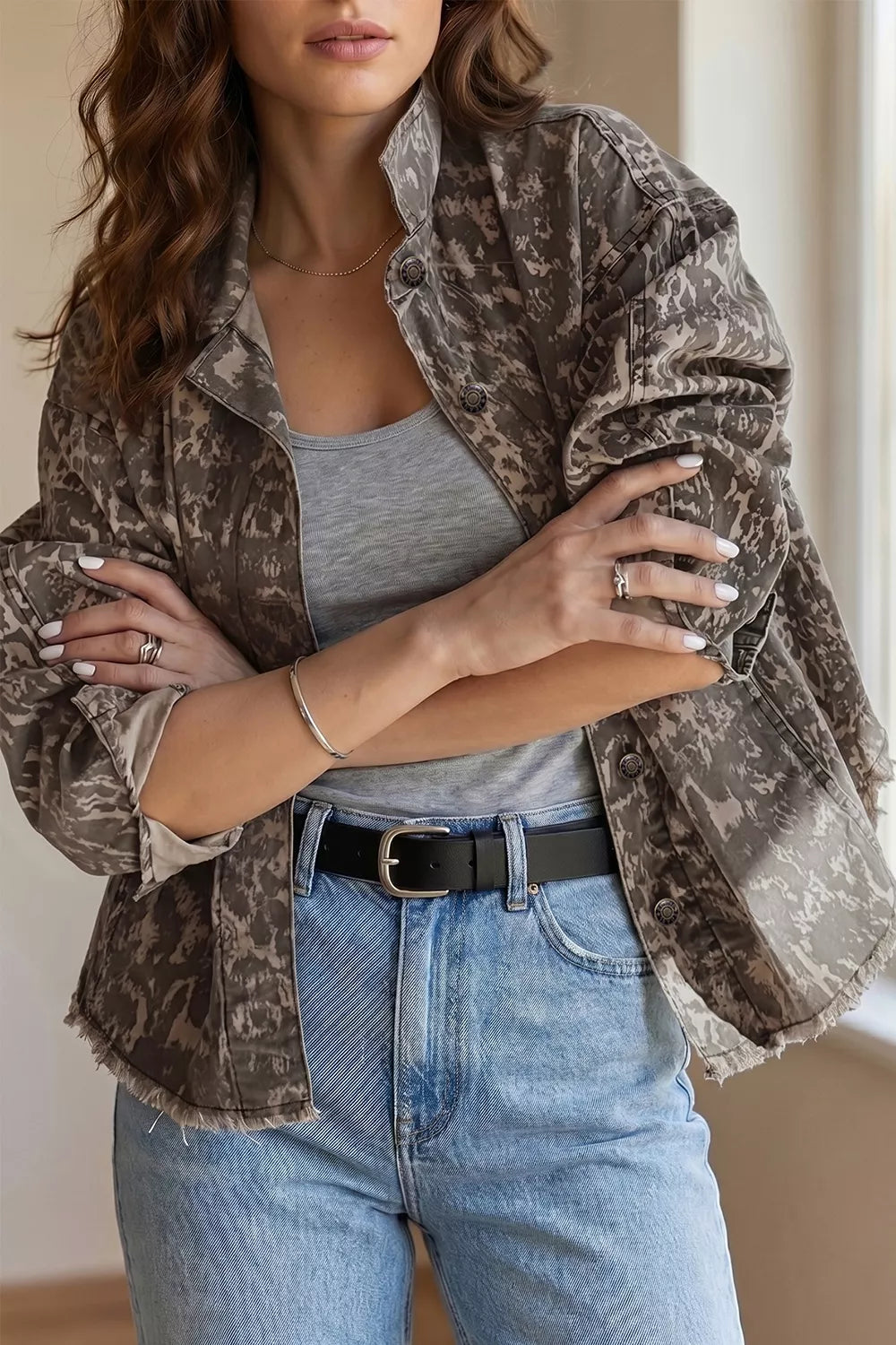 Trendsi Abstract Print Long Sleeve Collar Raw Hem Denim Jacket -