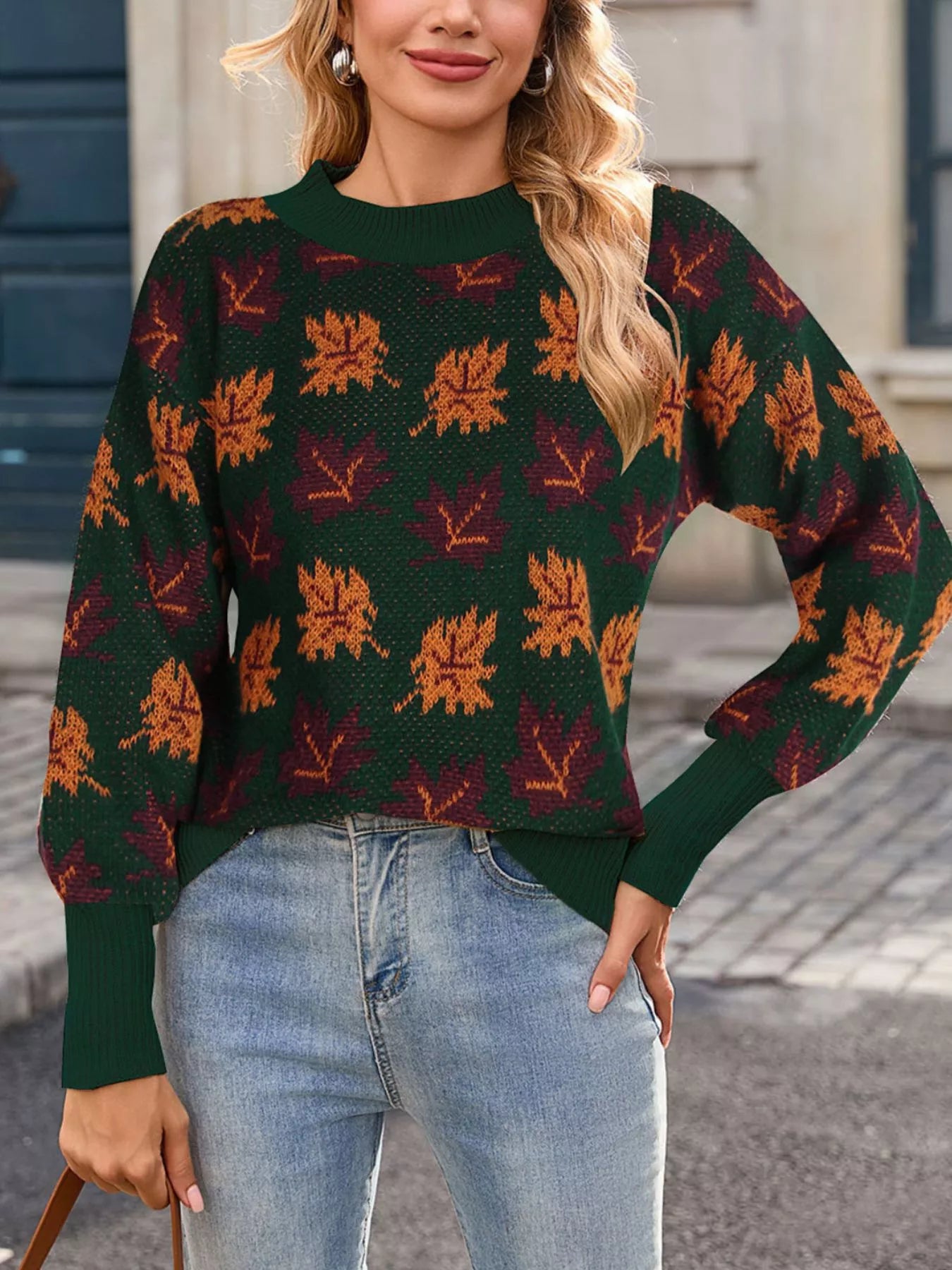 Trendsi Autumn Leaf Pattern Mock Neck Sweater -