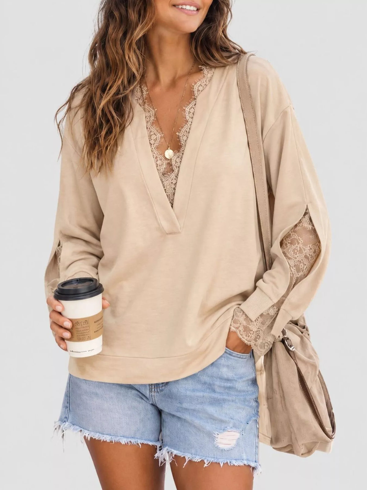 Lace Trim Split Sleeve Sweatshirt in beige, front view