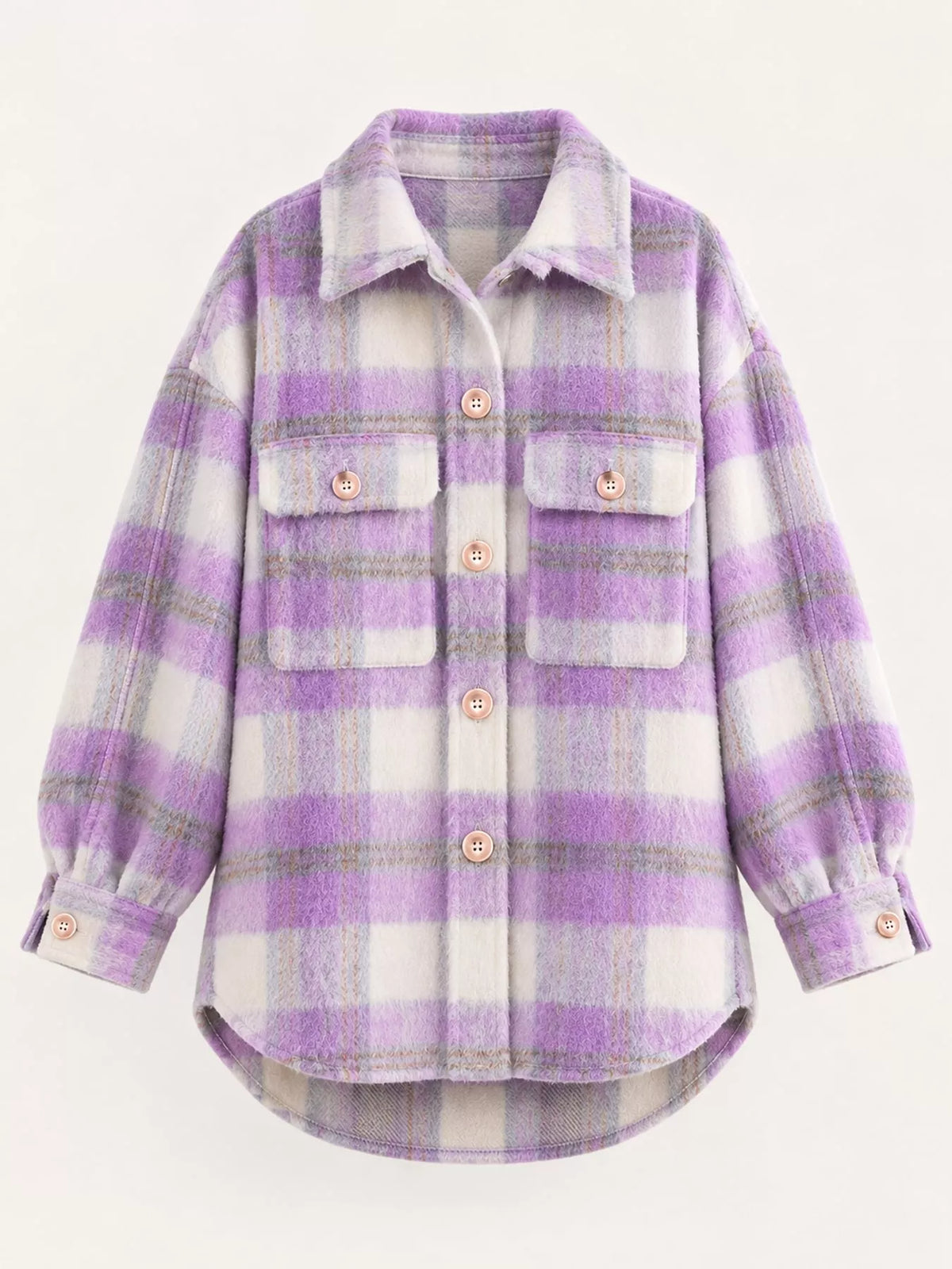 Purple and cream plaid button down jacket, front view