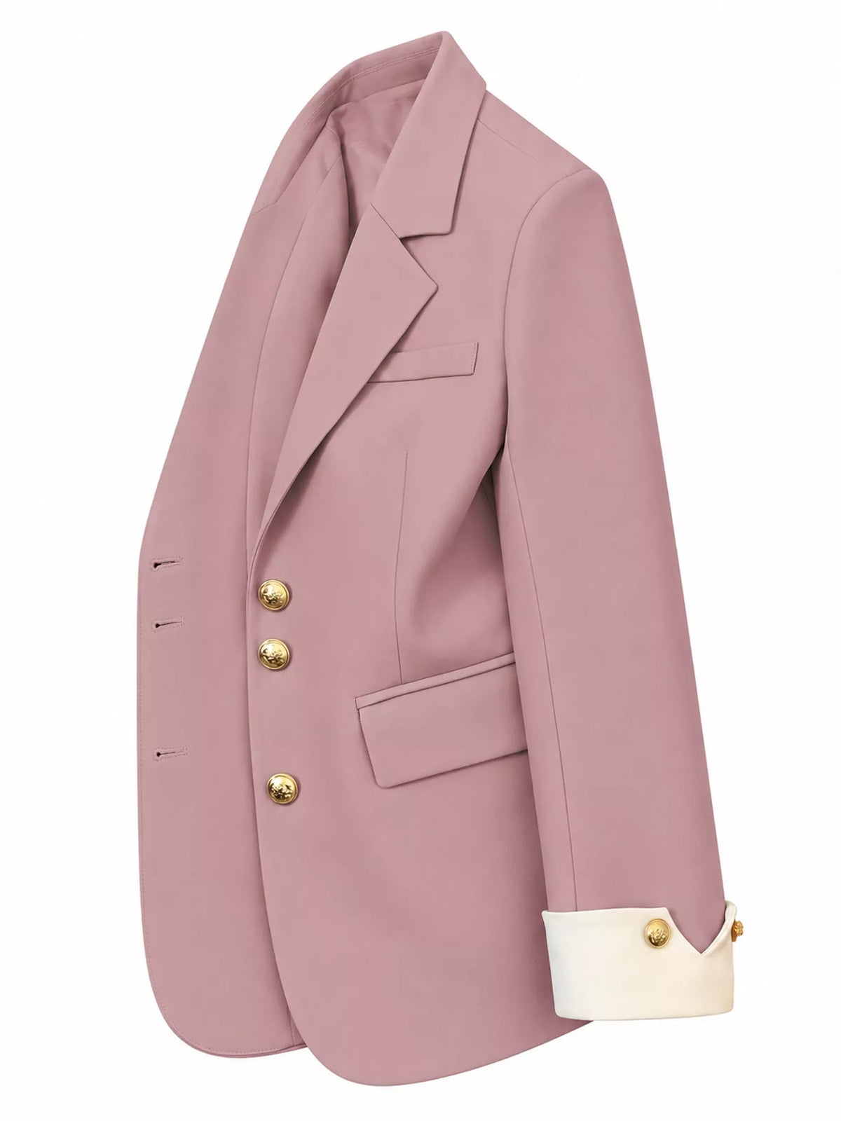 Pink single-breasted blazer with gold-tone buttons, side view
