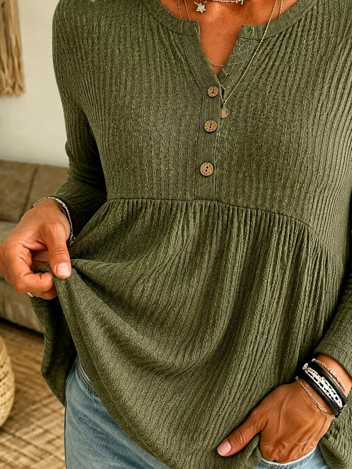 Button Detail Knitted Top in green, neckline detail