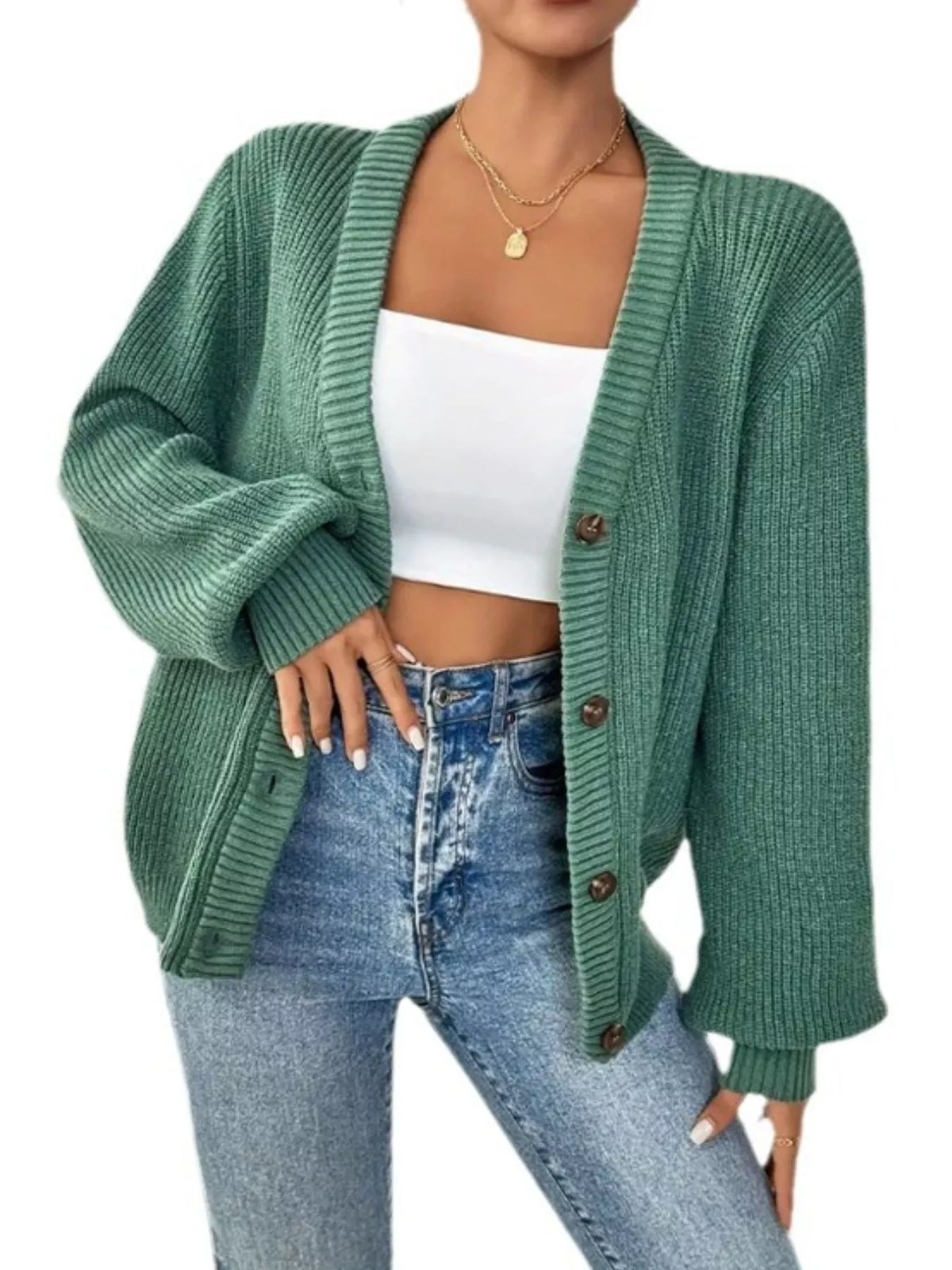 Green v-neck button-front cardigan, front showing ribbed trim.