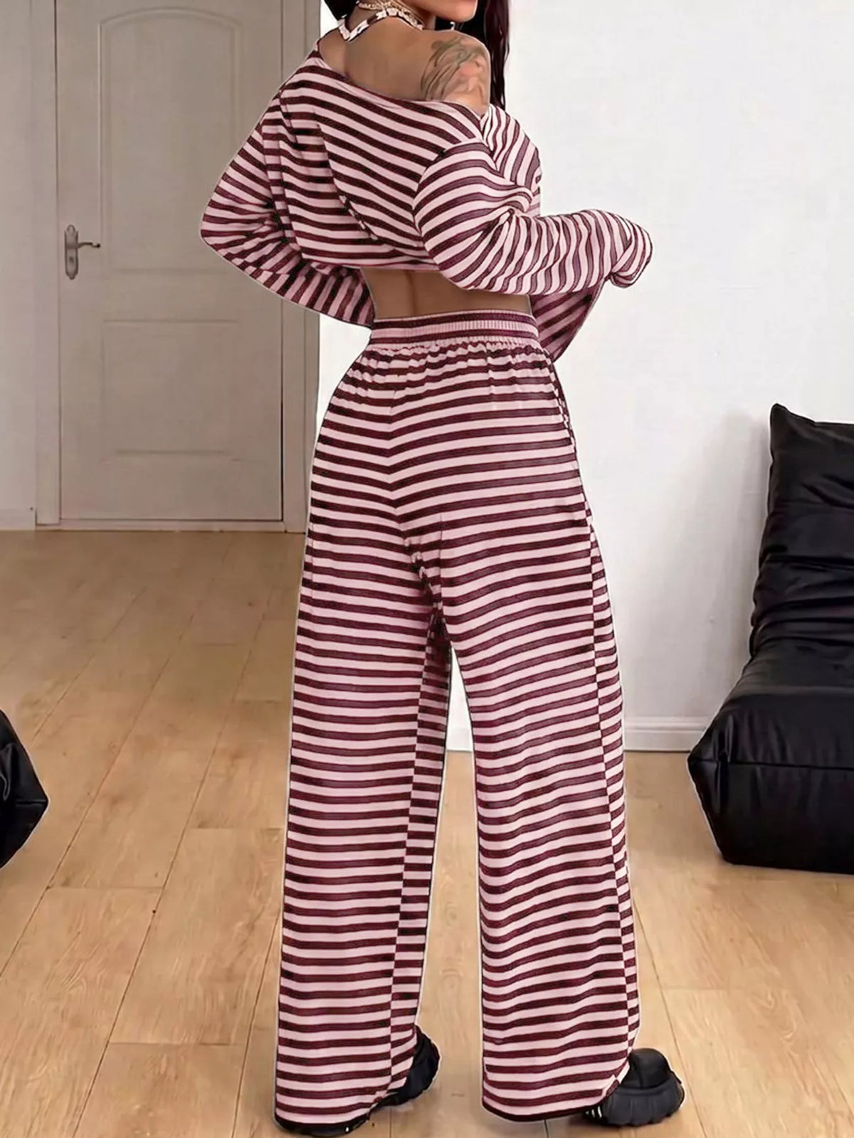 Off-Shoulder Striped Long Sleeve Top and Wide Leg Pants Set, back view in burgundy and white