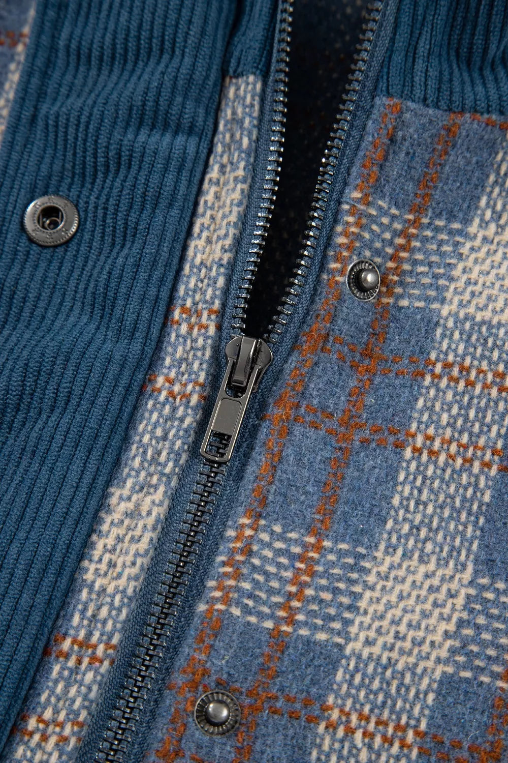 Trendsi Plaid Corduroy Patchwork Collared Zip Up Snap Button Jacket -