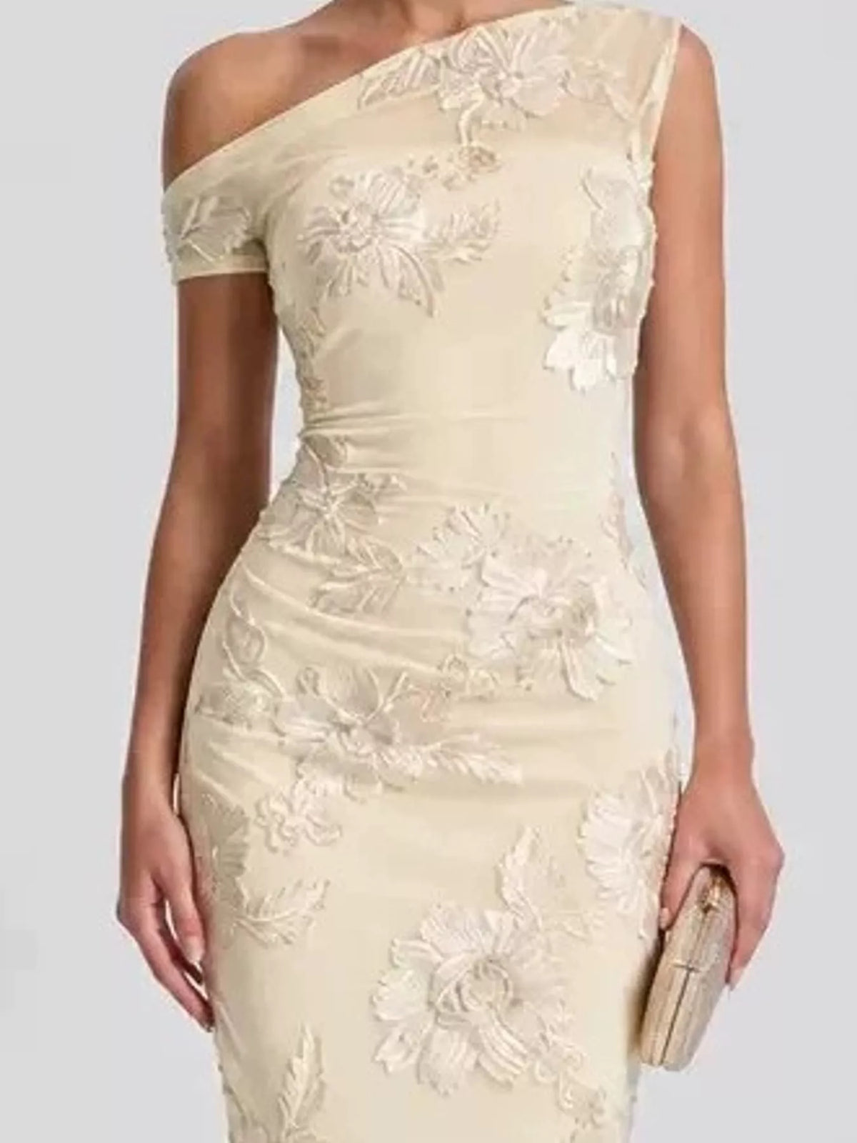 Apricot floral one-shoulder maxi dress, bodice detail
