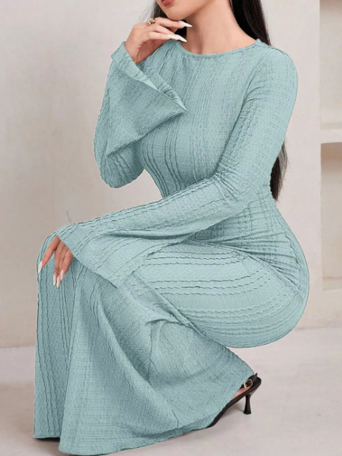 Textured Flare Sleeve Bodycon Maxi Dress in light blue