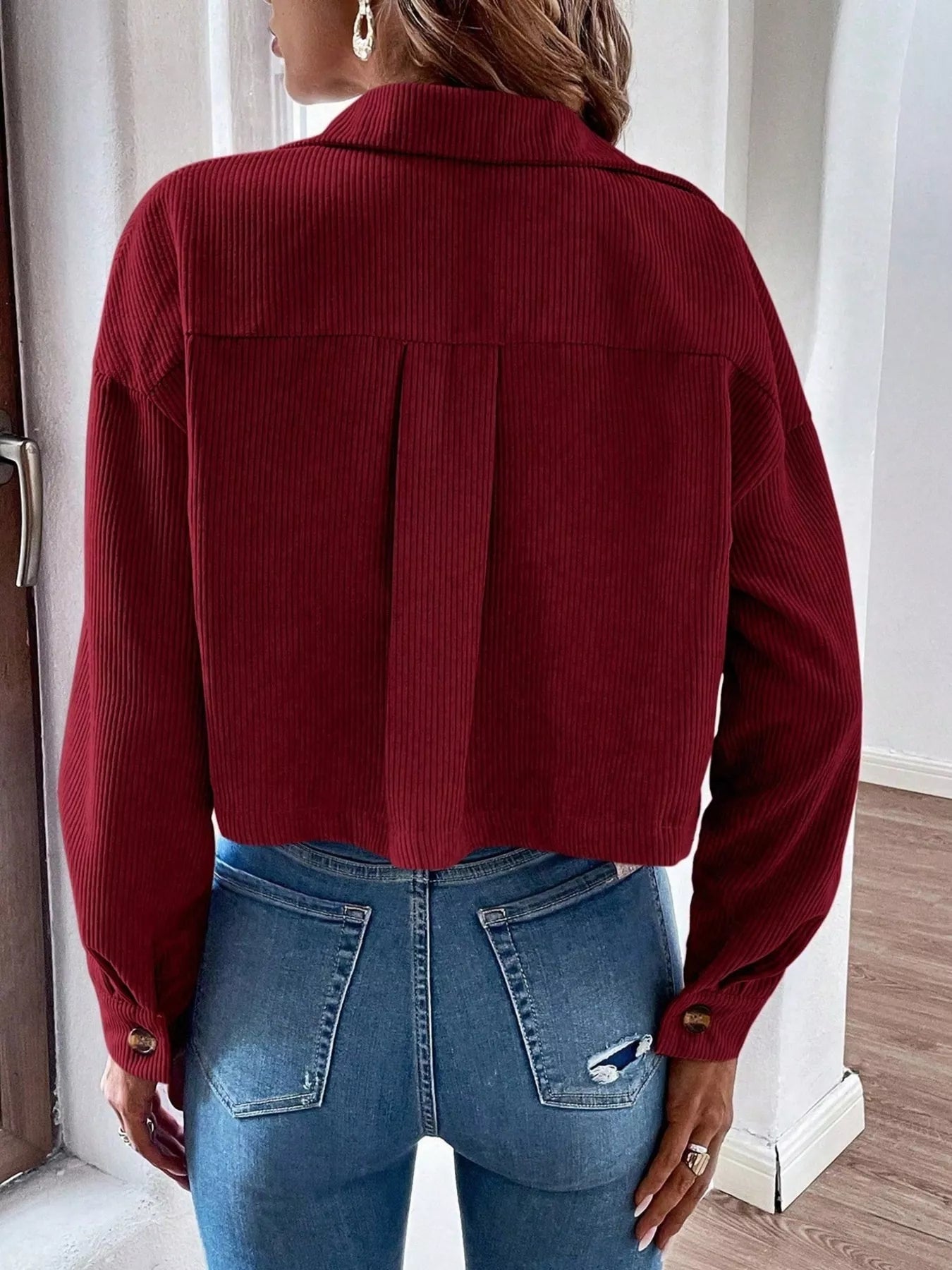 Trendsi Cropped Corduroy Button-Down Jacket -