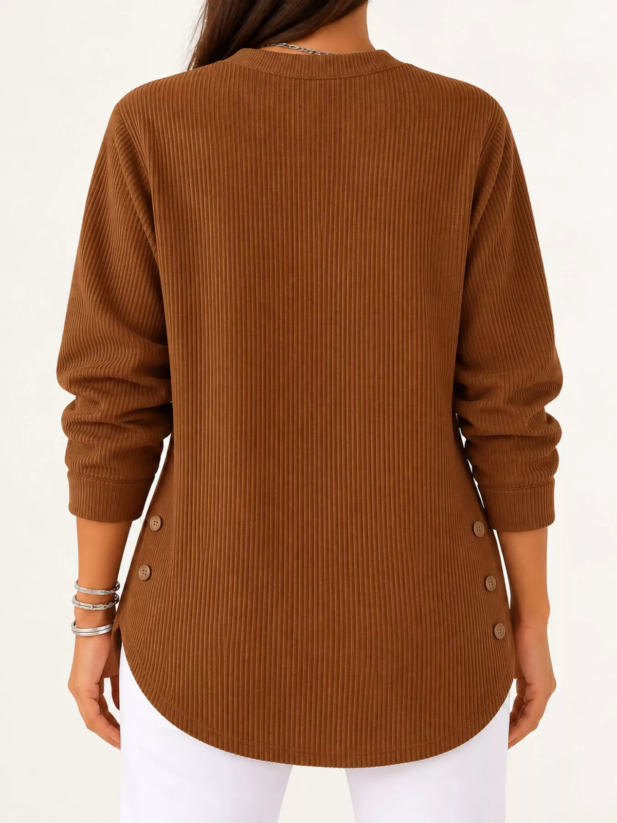 Chestnut brown button detail long sleeve top, back view