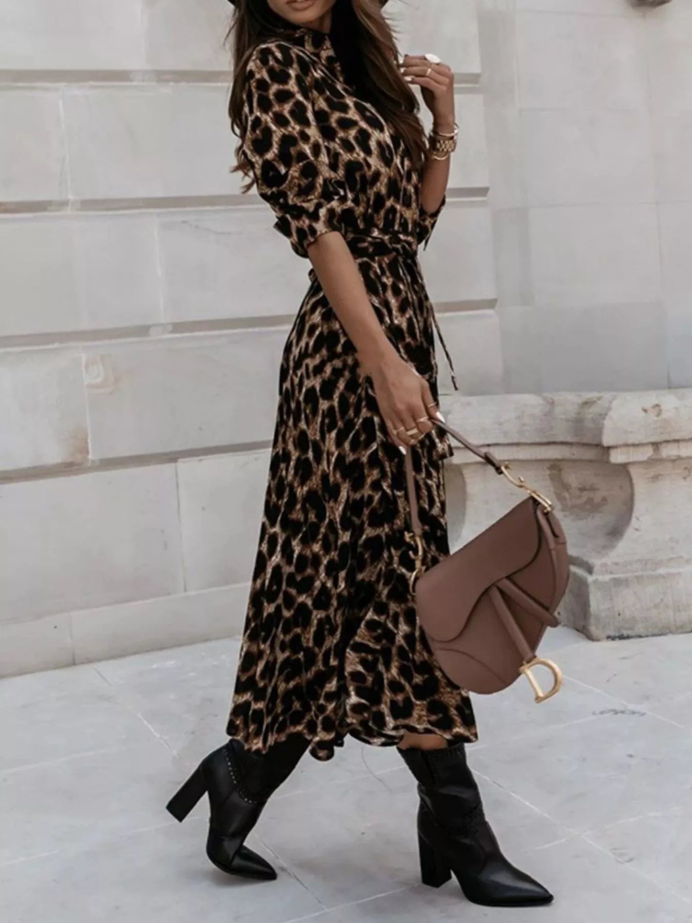 Trendsi Leopard Print Button-Down Midi Dress with Belt -