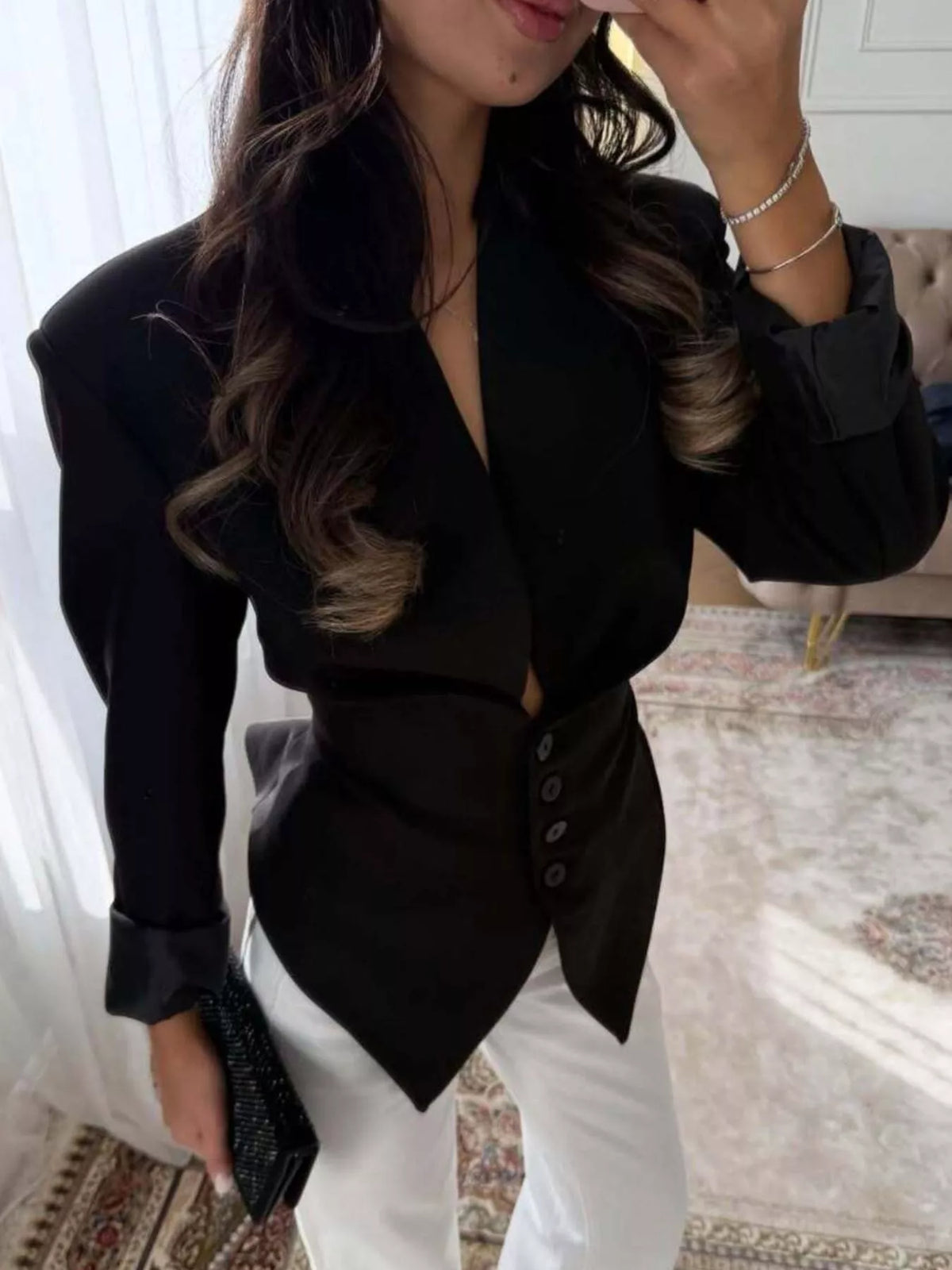 V-neck long sleeve blazer, front view on model