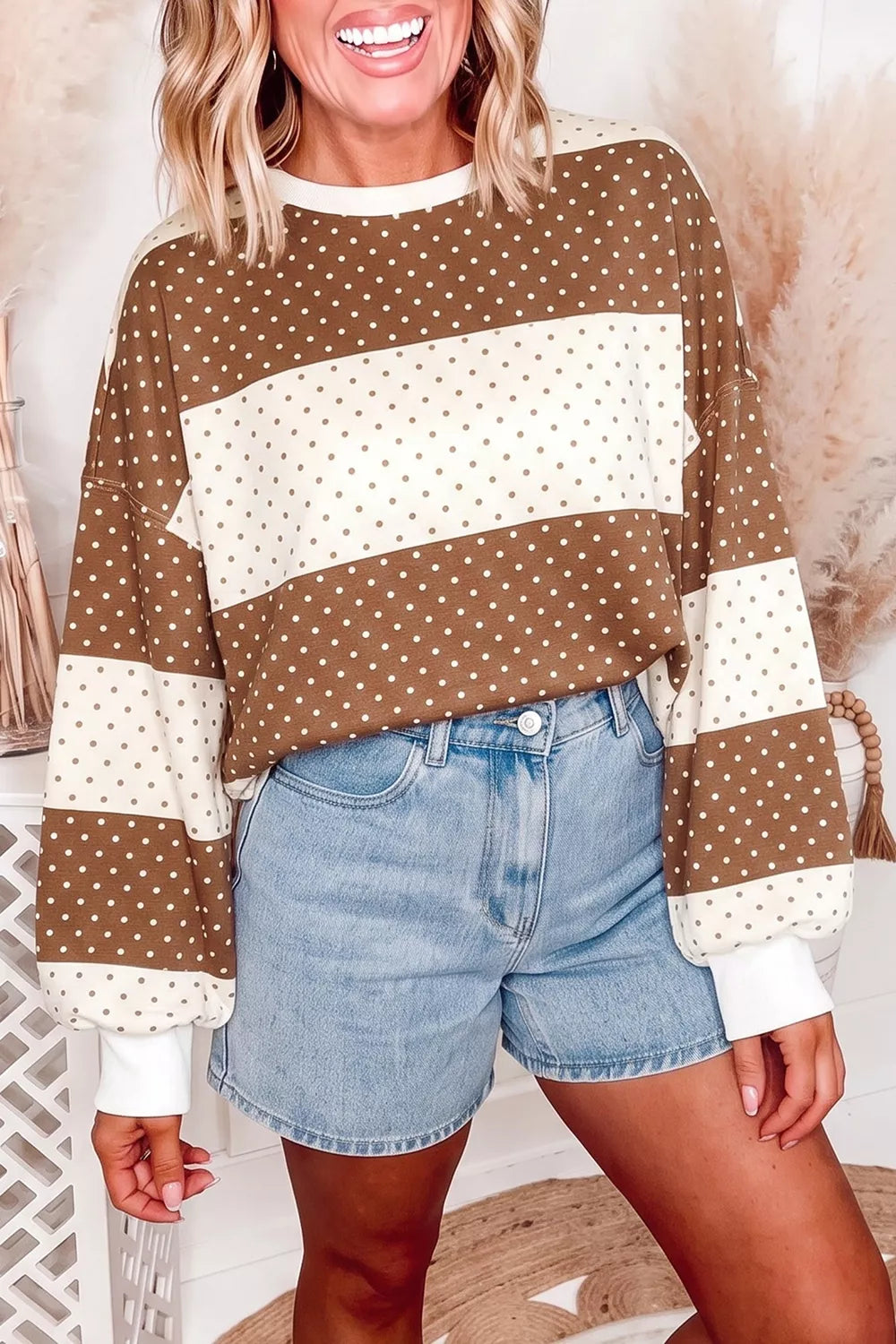 Women's Polka Dot Color Block Long Sleeve Top in Caramel, front view