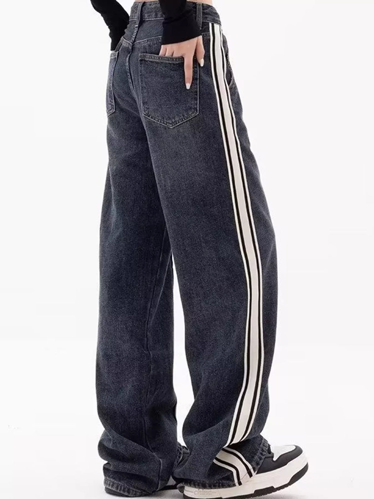 High-Waisted Wide-Leg Contrast Stripe Jeans, back view