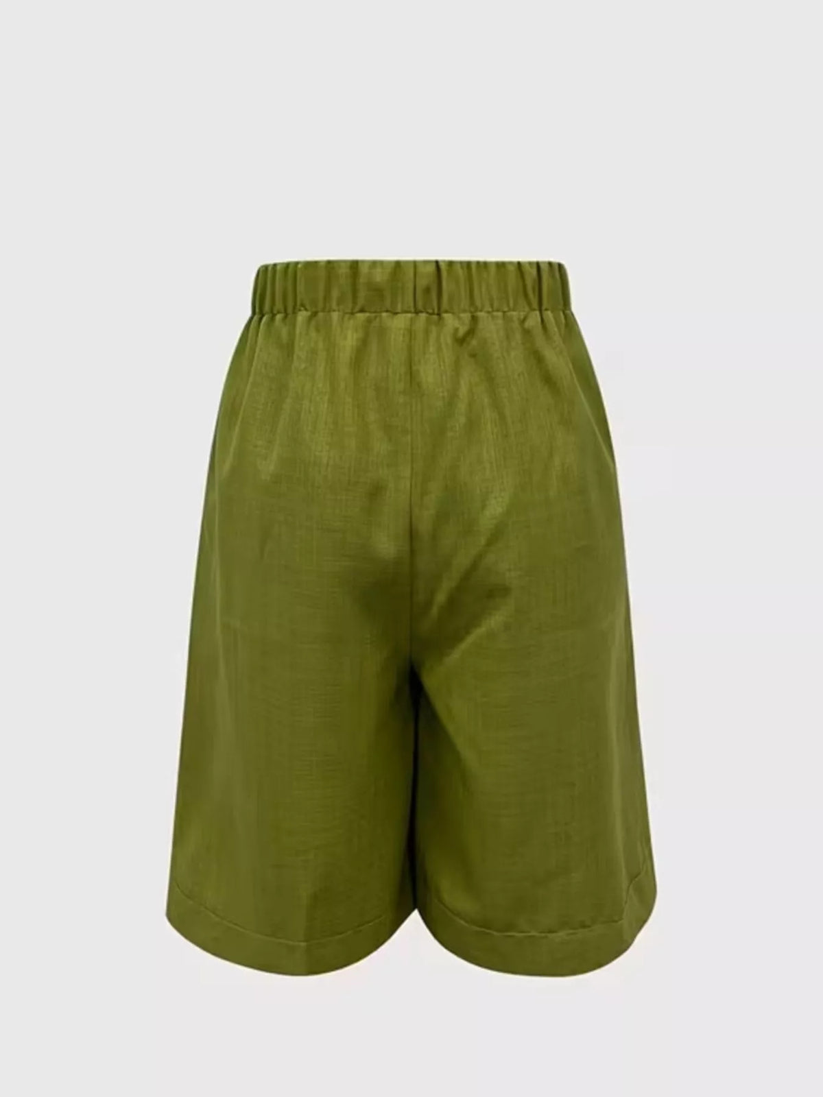Olive green drawstring shorts, back view