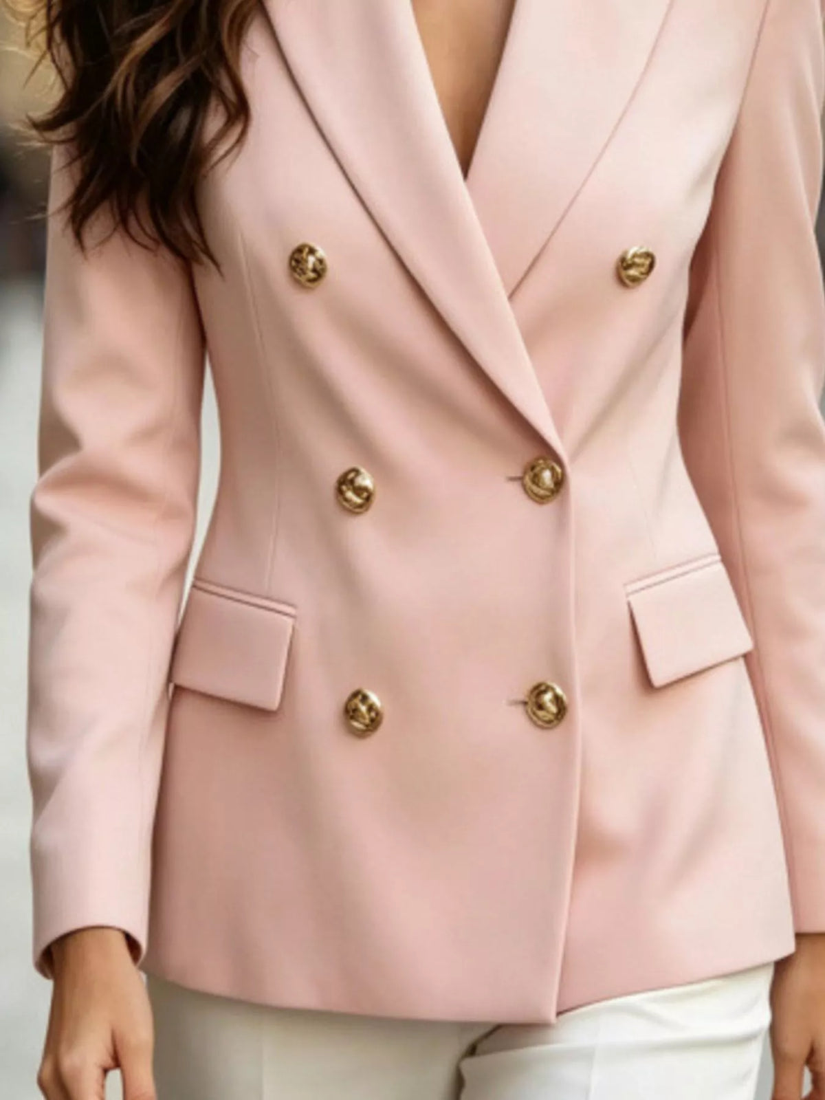 Pale blush double-breasted blazer with leopard print lapel, back view