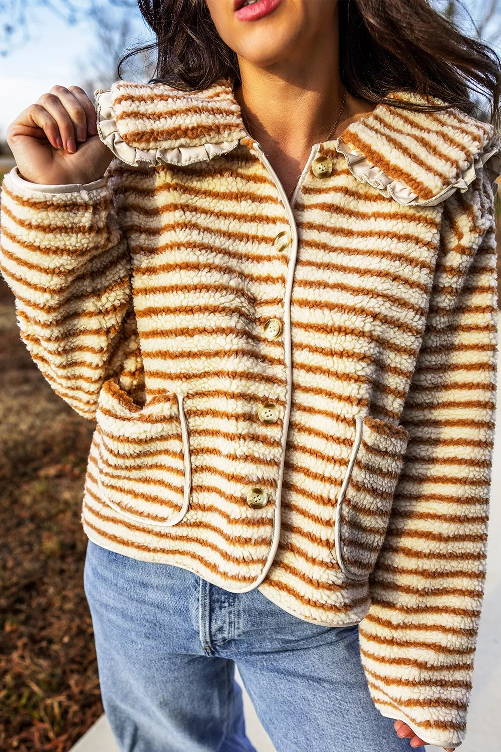 Striped fleece jacket, collar front