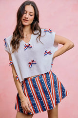 Trendsi SO ME 4th Of July Ribbon Trimmed Dolman Sweater Top -