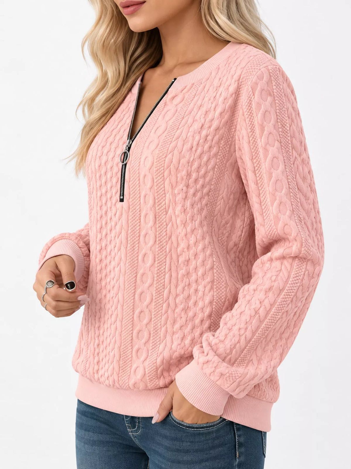 Quarter-Zip Cable Knit Sweatshirt — side view