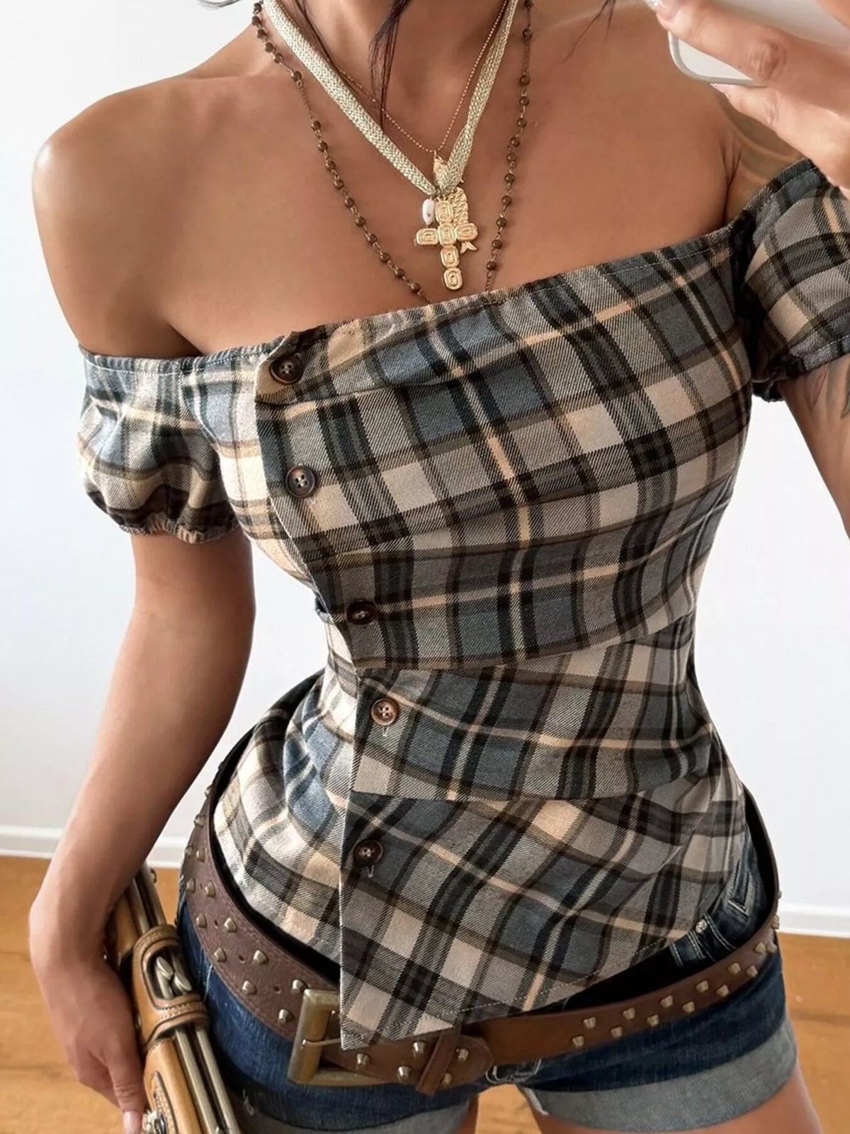 Off-shoulder plaid blouse, brown plaid neckline detail