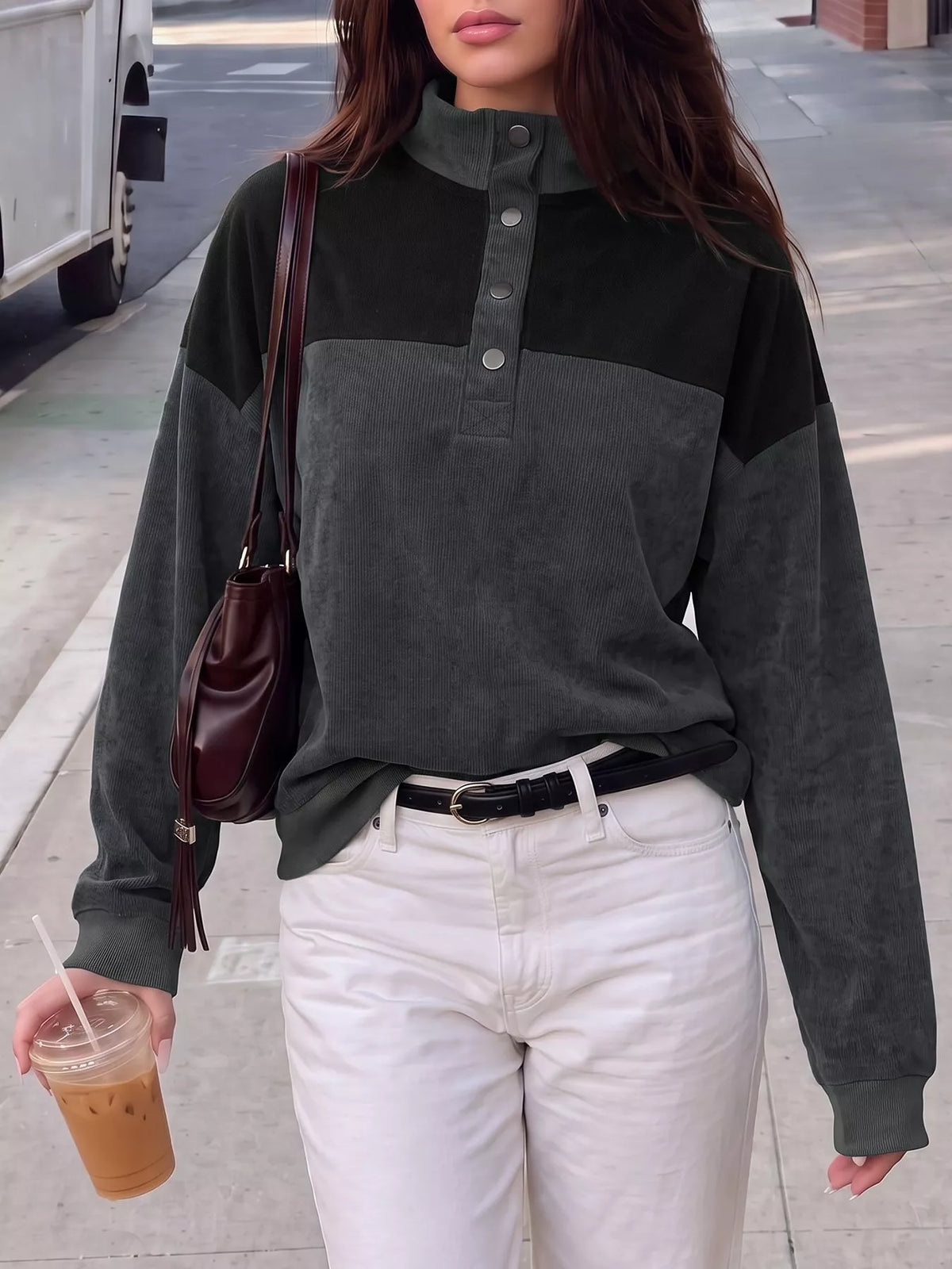 Color-Block Corduroy Quarter-Snap Sweatshirt — front view