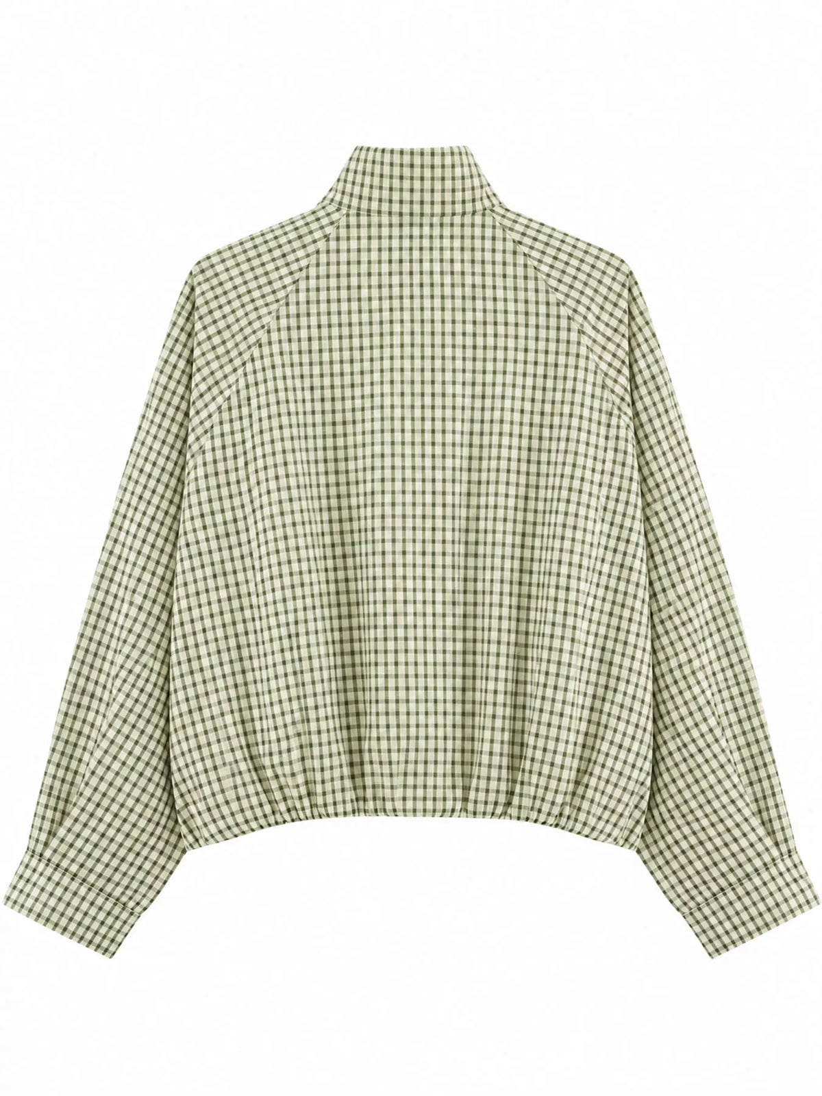 Aqua Green Plaid plaid stand-collar cropped jacket, back view
