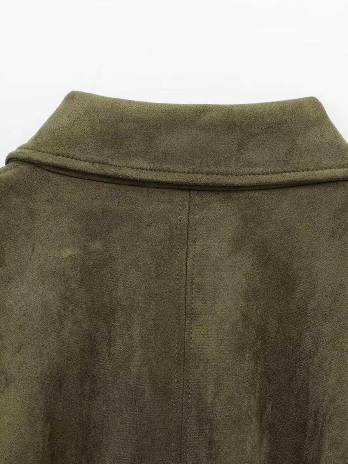 Faux Suede Collared Bomber Jacket — garment construction details