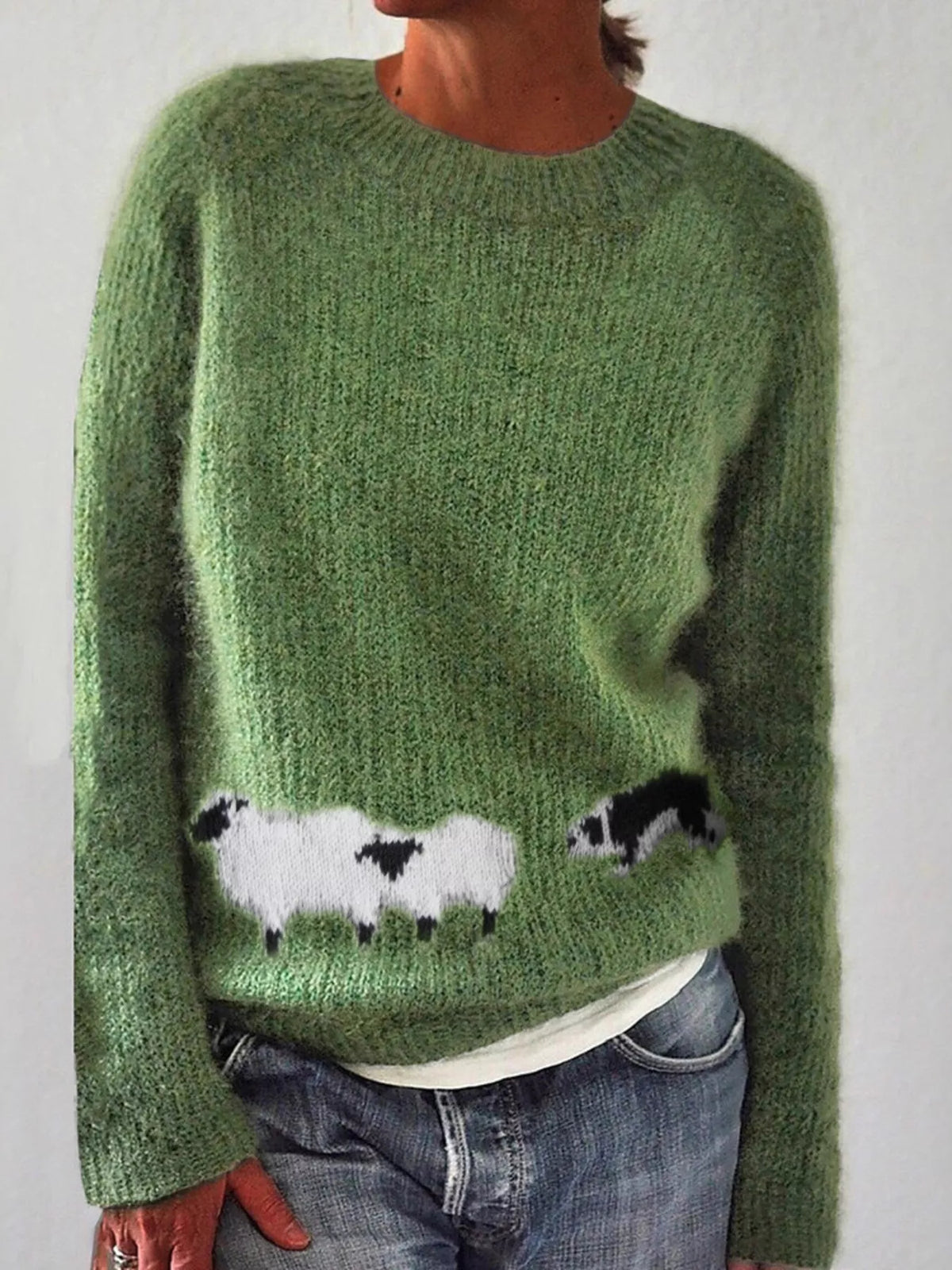 Sheep Pattern Round Neck Sweater in green, front view