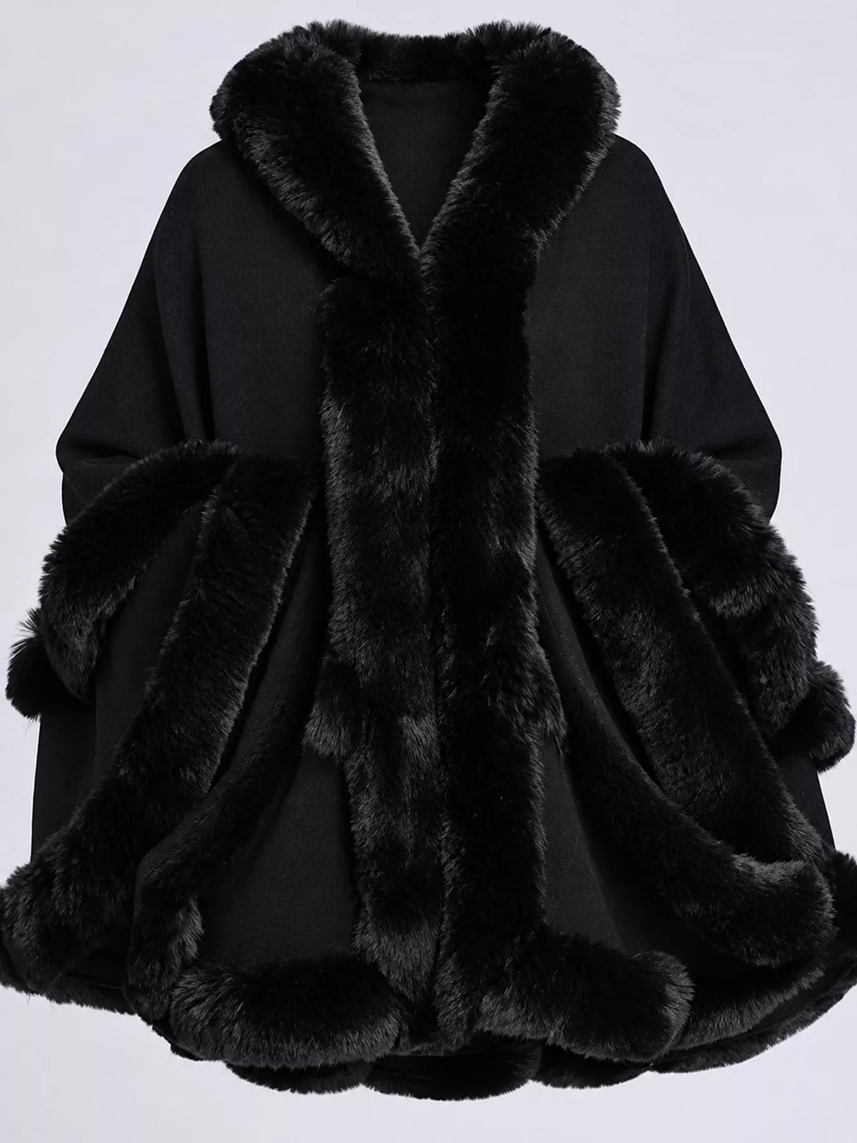 Faux-fur-trim cape, black trim detail