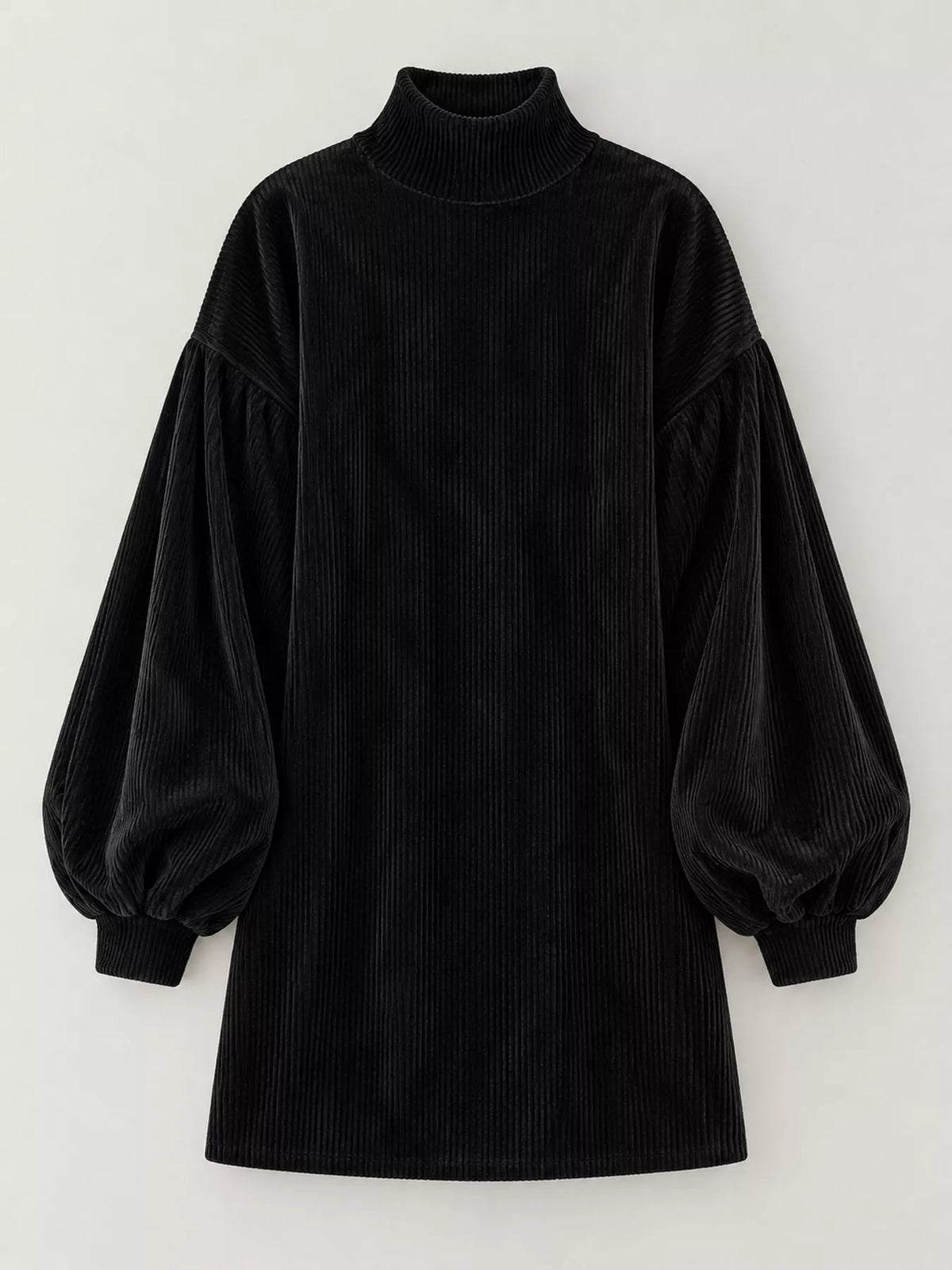 Black corduroy mock neck lantern sleeve mini dress