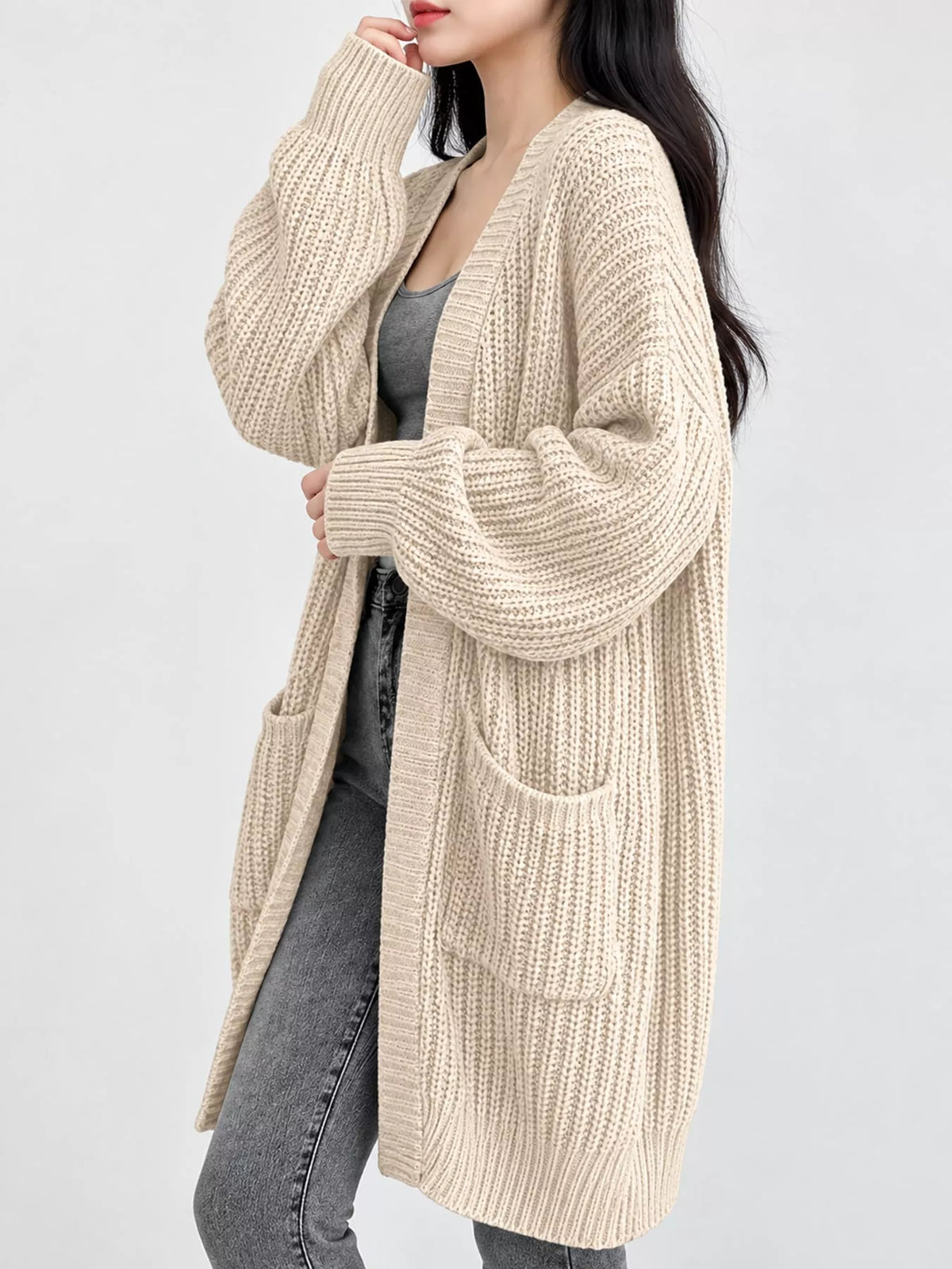Longline knit cardigan, cream side