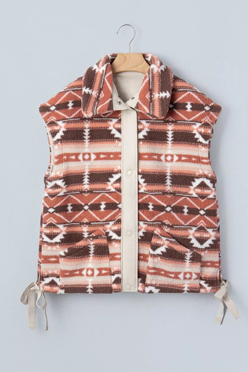 Trendsi Geometric Print Fleece Metal Button Placket Shift Silhouette Vest -