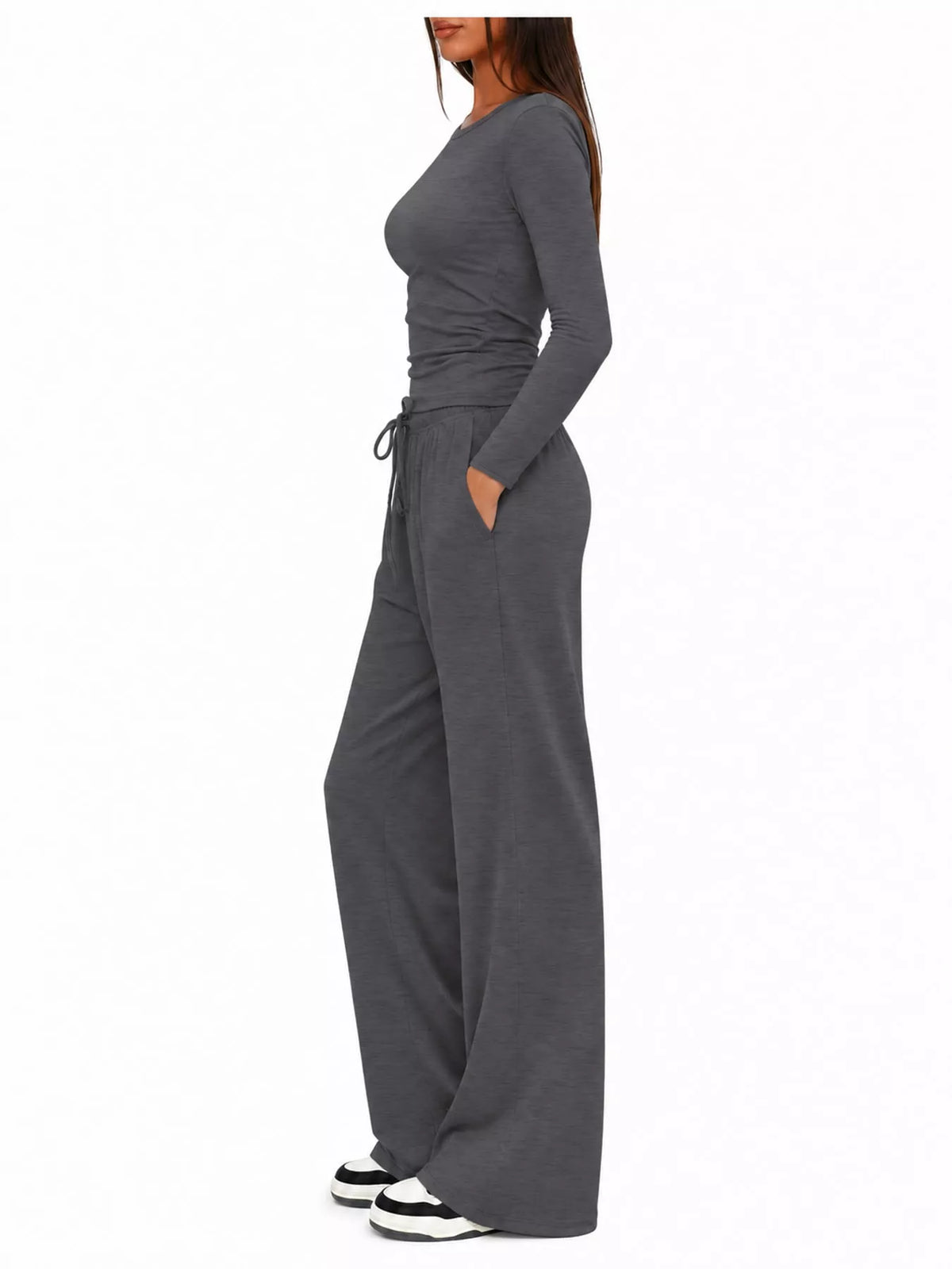 Long Sleeve Ruched Top and Wide-Leg Drawstring Pants Set — side view