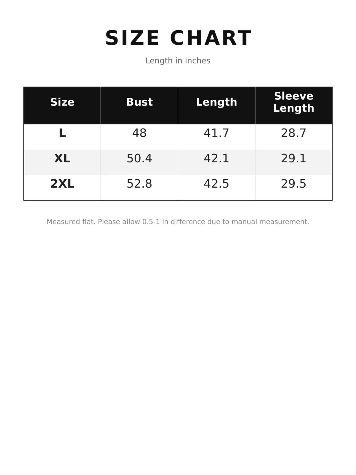 Size and measurement chart for long-sleeve coat