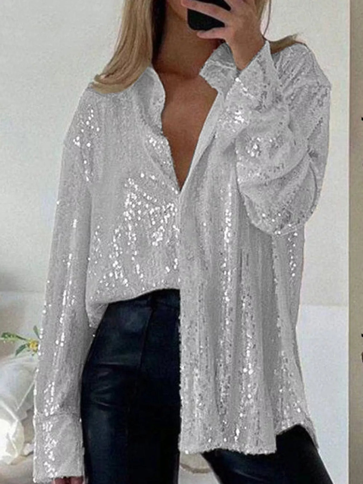 Silver White sequin button up long sleeve shirt