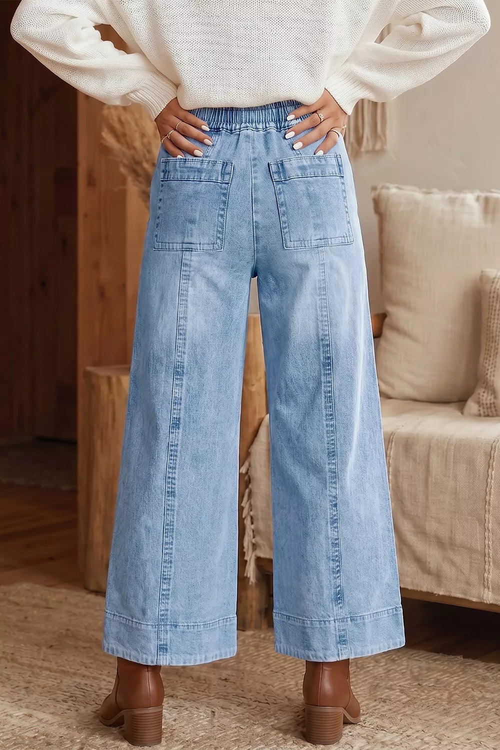 Trendsi Drawstring Waist Wide Leg Ankle Length Jeans -