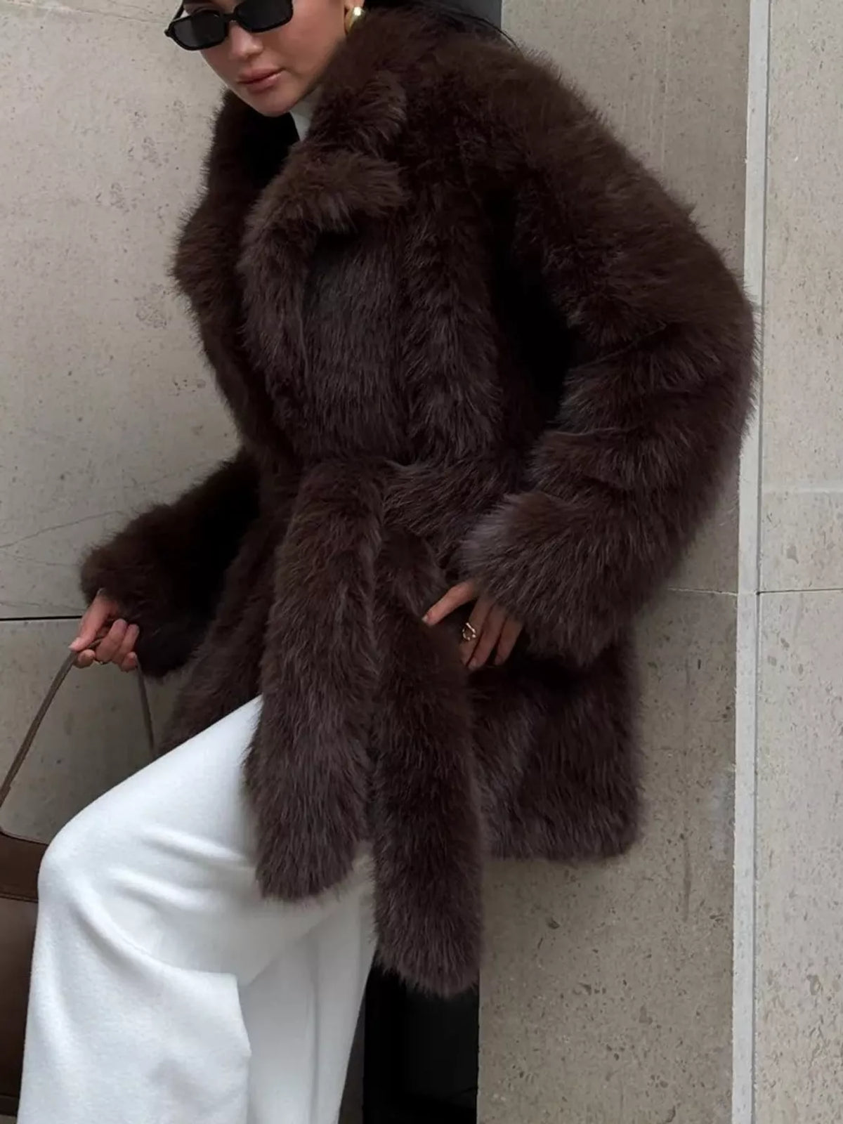 Faux Fur Belted Coat in brown