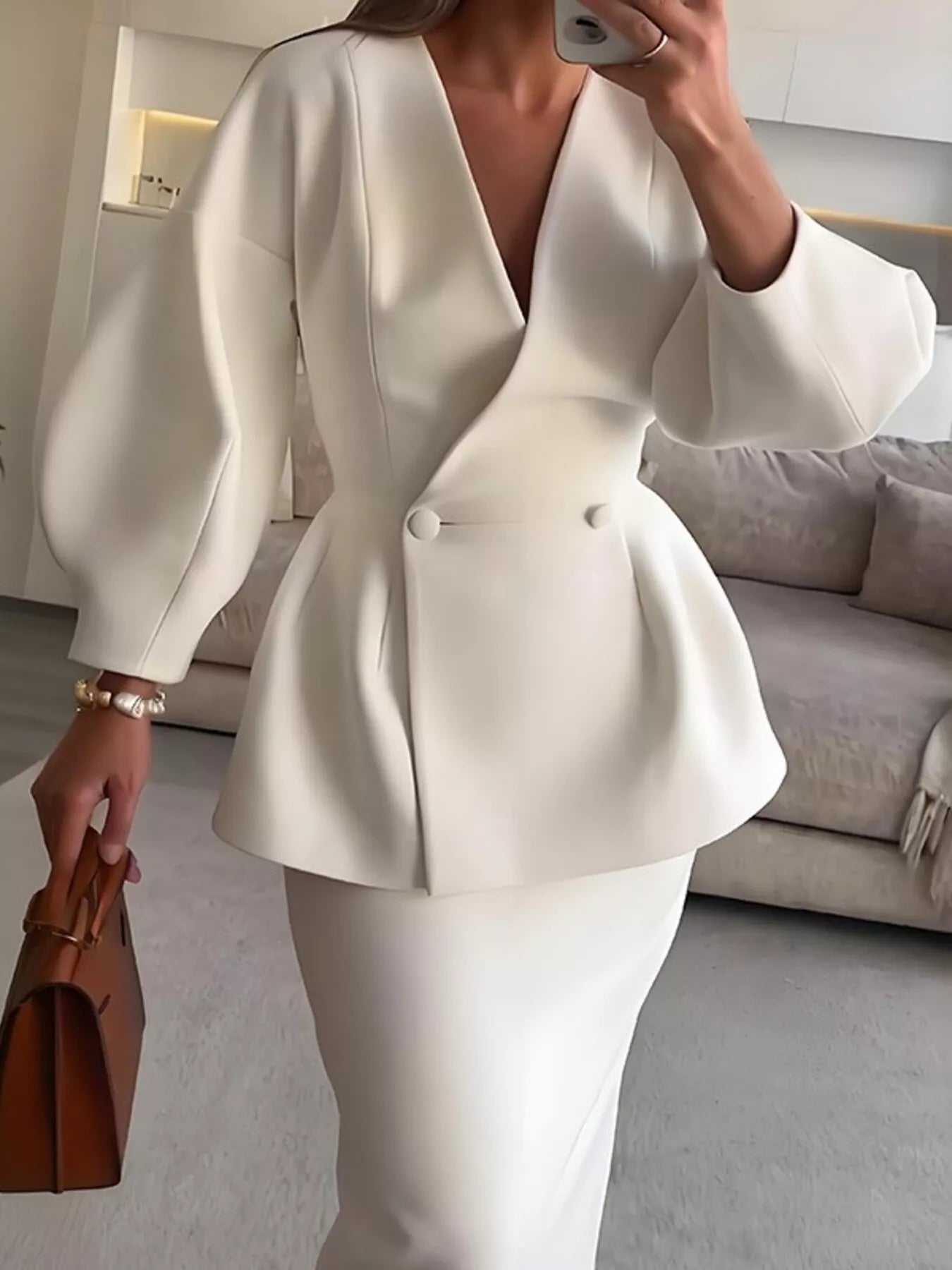 Trendsi Double-Breasted Peplum Blazer and Skirt Set -